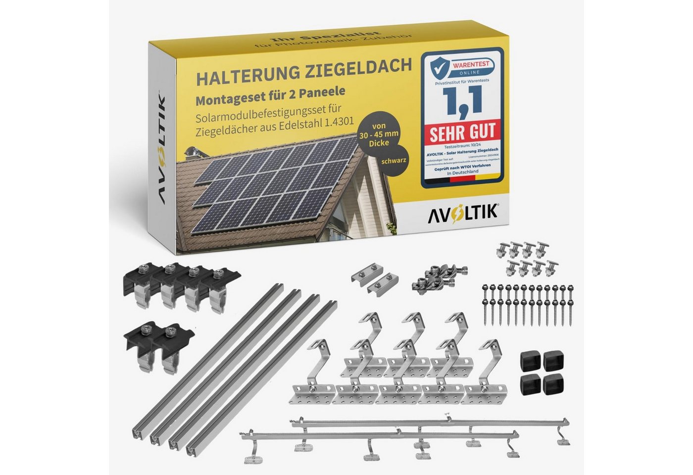 avoltik Solarmodul-Halterung Solar-Halterung Ziegeldach Montageset Dach Befestigung f 2 Solarmodule, (Avoltik Solarhalterung Ziegeldach Montageset Dach Befestigung für 2 Solarmodule mit schwarzen oder silbernen Klemmen, Solar-Halterung Ziegeldach Montages