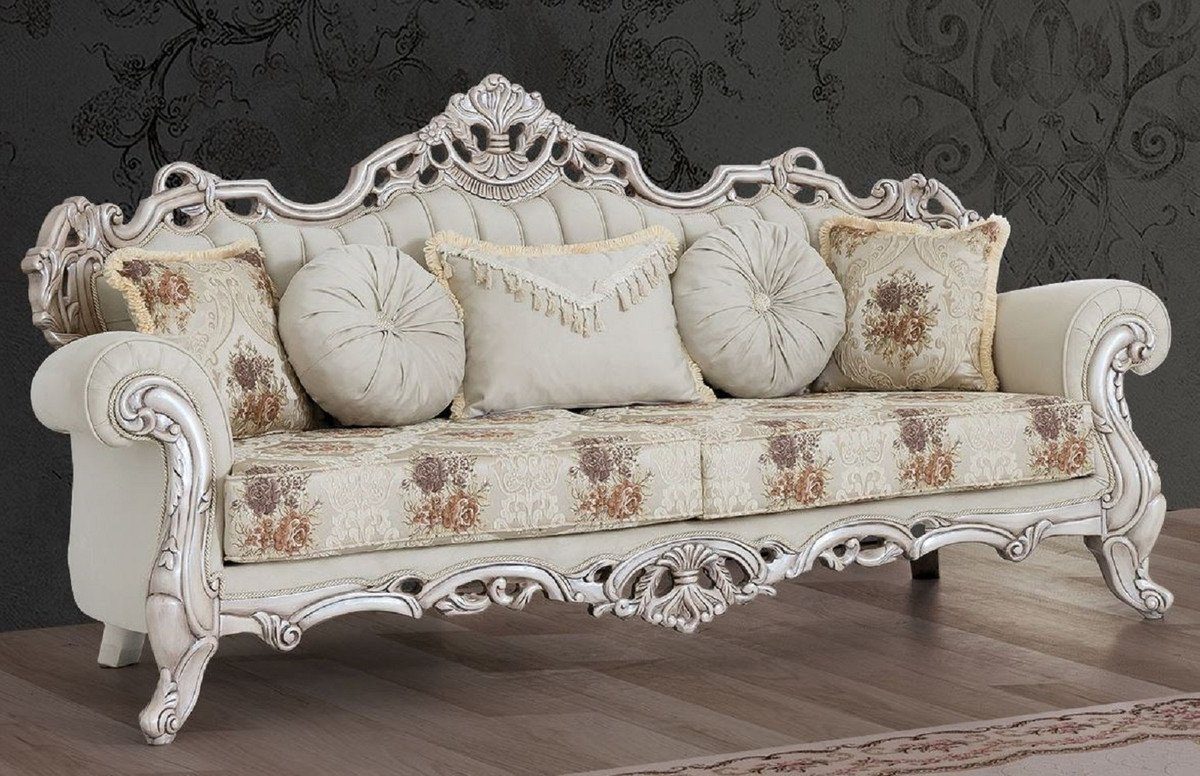 Casa Padrino Sofa Luxus Barock Sofa Cremefarben / Beige / Mehrfarbig / Antik Weiß - Prunkvolles Wohnzimmer Sofa mit elegantem Muster - Barock Wohnzimmer Möbel