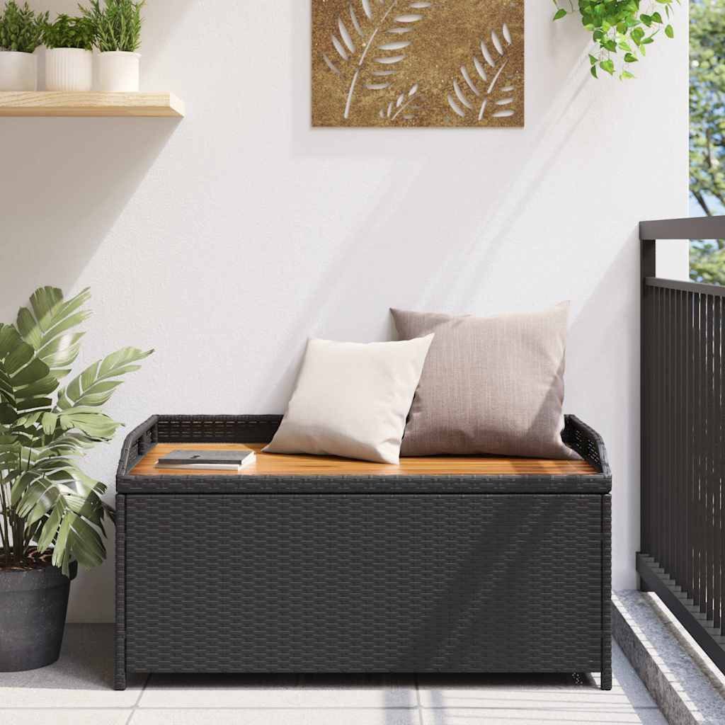furnicato Truhenbank Bank mit Stauraum Schwarz 100x50x52 cm Poly Rattan Massivholz (1-St), UV-beständige Kissenbox mit Gasfeder und wasserfestem Innenbeutel