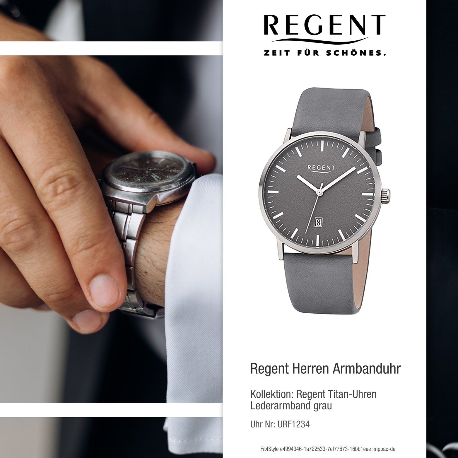 39mm) Leder Regent (ca. Gehäuse, Uhr Lederarmband Herrenuhr Regent F-1234 grau, mittel rundes Herren Quarzuhr Analoge,