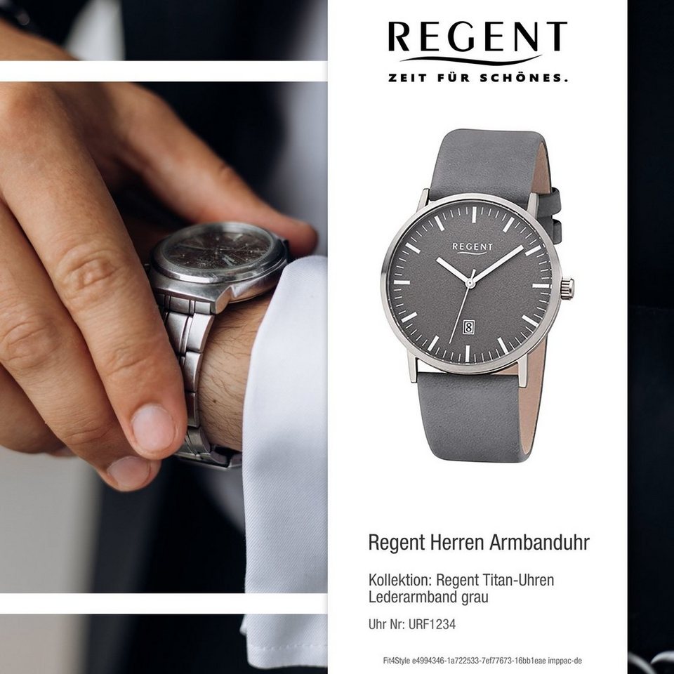 Regent Quarzuhr Regent Leder Herren Uhr F-1234 Analoge, Herrenuhr  Lederarmband, rundes Gehäuse, mittel (ca. 39mm) grau