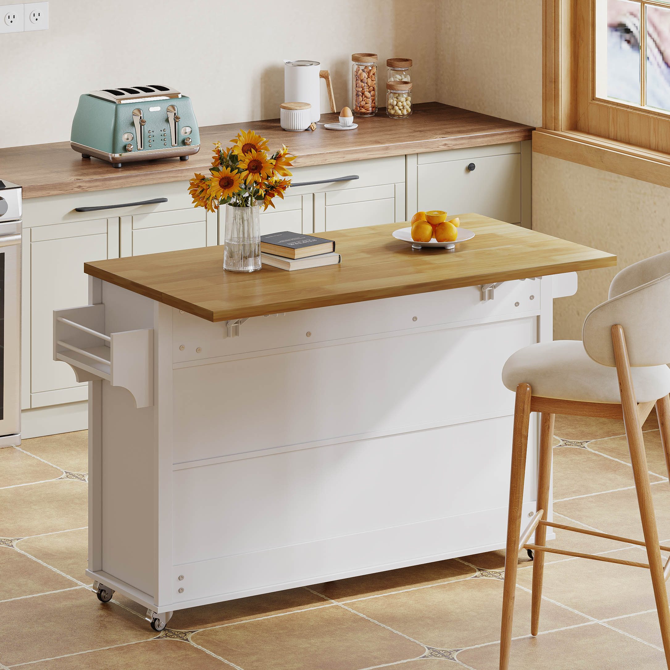 Odikalo Kücheninsel mit Arbeitsplatte, Küchenwagen Servierwagen, (Kücheninsel mit klappbarer Arbeitsplatte, ausgestattet mit 5 feststellbaren Rollen, 4 Türen, 3 Schubladen, Türregal, doppelseitigen Handtuchhaltern, Scheunenstil-Design, Weiß, 140x43(70)x90.5 cm)