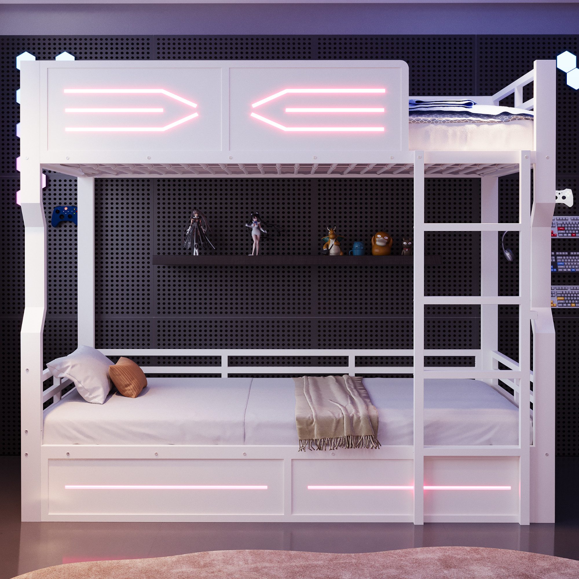 Merax Etagenbett 90x200cm mit LED-Beleuchtung, Hochbett Eisenbett (1-St), Metallbett Stockbett Kinderbett mit Sicherheitsgitter und Leiter – Bild 2 von 5