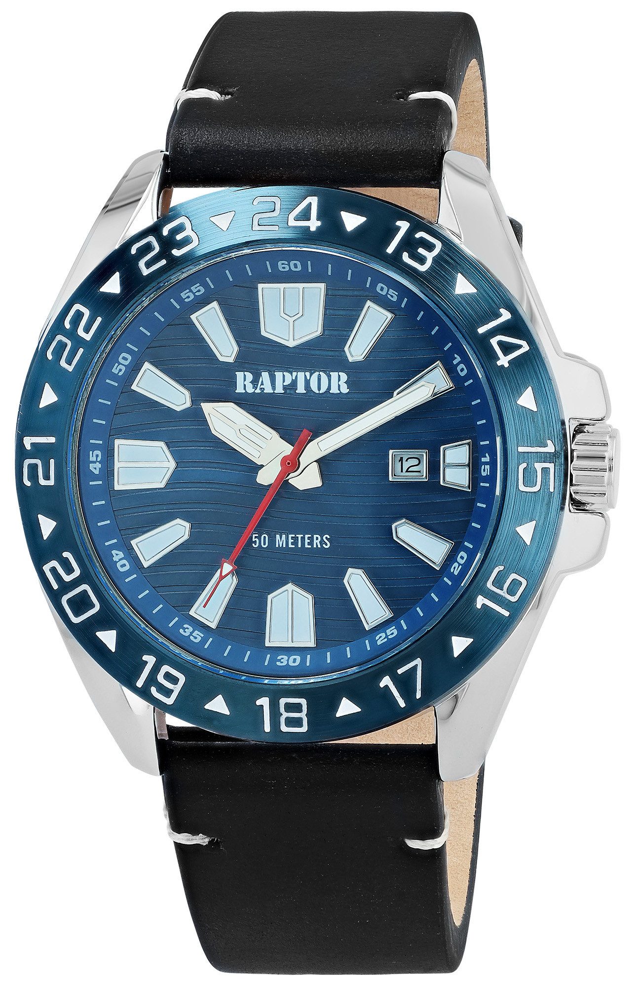 Raptor Quarzuhr Kolja D: 44mm, Echtleder, 5 ATM, Datum & markantes Design