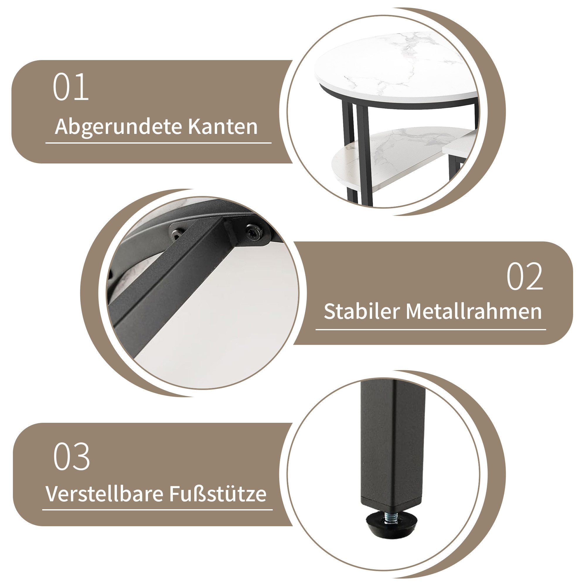 BELUPAI Couchtisch 2in1 Beistelltisch, Runder Tisch mit Marmoroptik (2er Set, 1-St., Satztisch), 80x46x41cm und 52x52x51cm,Weiß-Schwarz – Bild 4 von 5