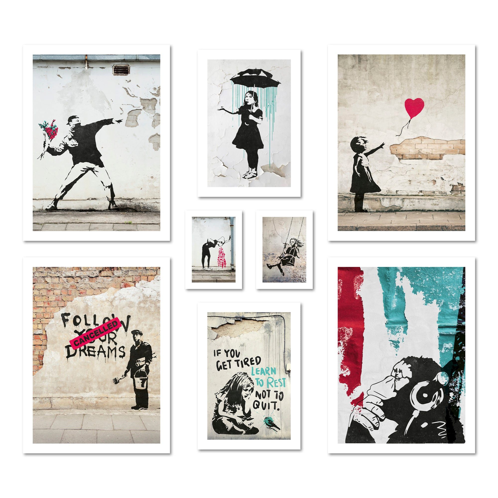 ARTFAVES Bilder-Collage Poster Set - BANKSY STREET ART - Deko Wandbilder schwarz, street art, (Wandbilder modern, 8 St)