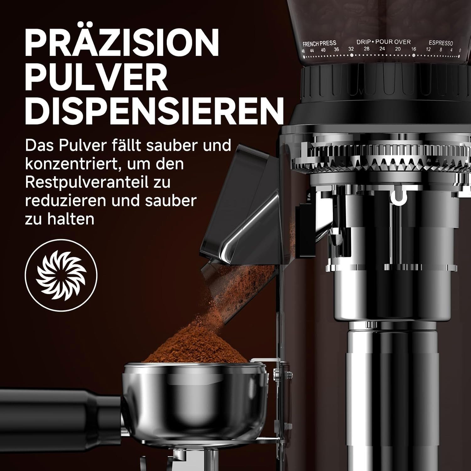 AMZCHEF Kaffeemühle CG20OT9-SV, 160 W, 300 g Bohnenbehälter, Kaffeemühle Siebträger Elektrisch mit 24 Mahlgrad Einstellbar