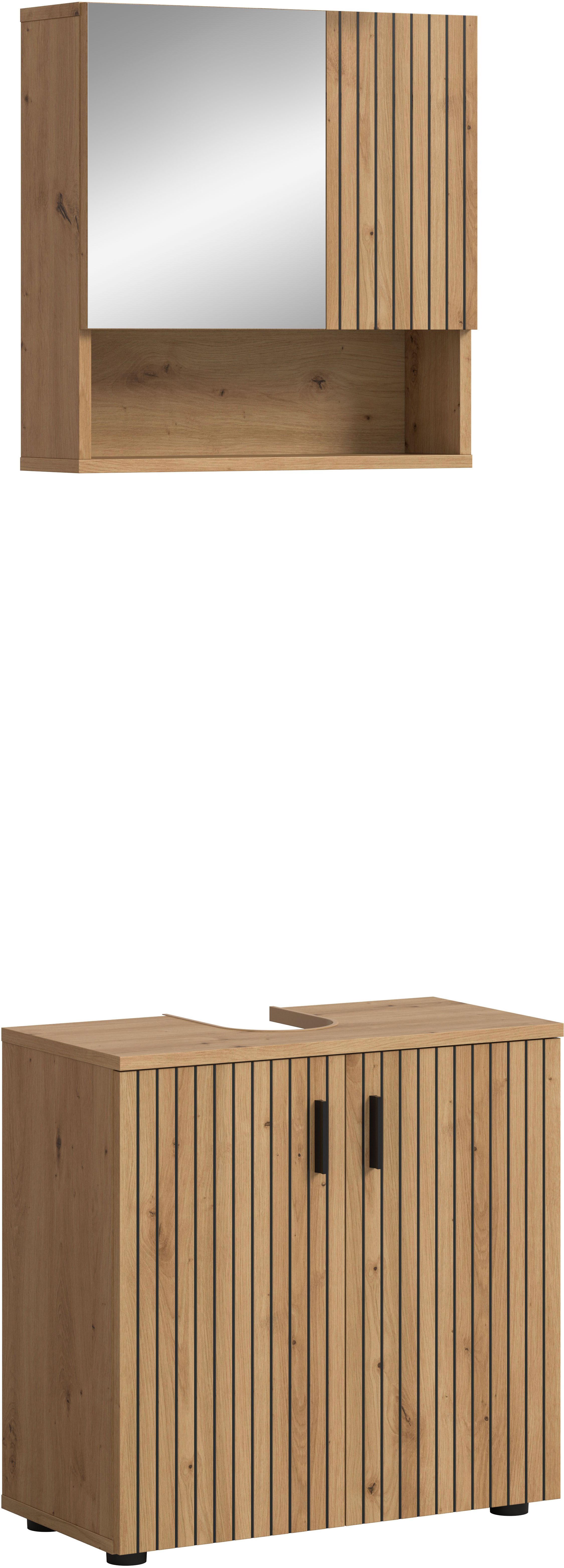 welltime Badmöbel-Set MANI, 2-tlg. Badkombination, Paneeloptik, (Set, 2-St., Set, best. aus: 1 Spiegelschrank, 1 Waschbeckenunterschrank), Bad-Kombination, Bad-Möbel, Badezimmer, Kombination, Kombi
