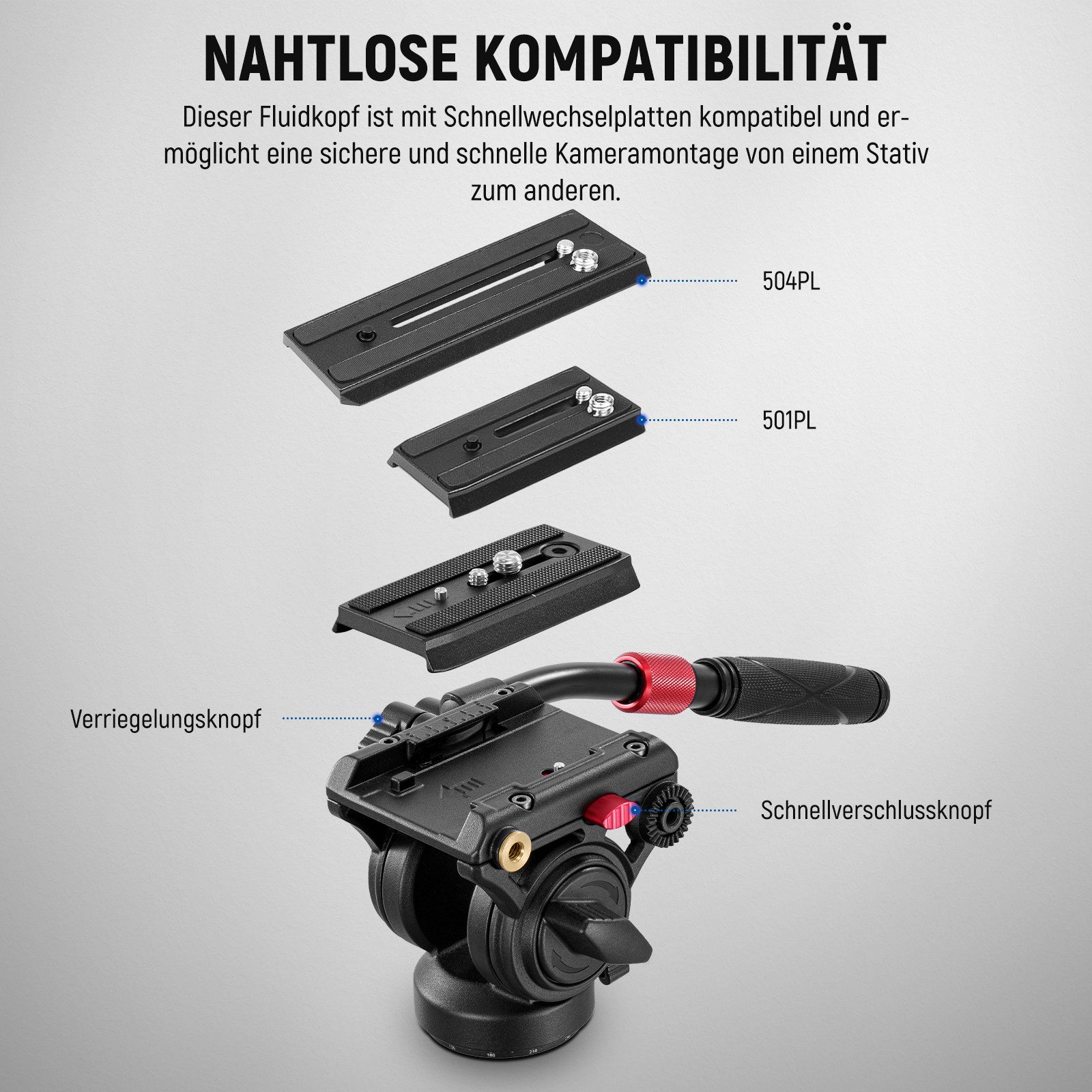 Neewer Fluid-Video-Neiger GM001 Fluidkopf für DSLR-Kameras 6kg Traglast, Praktisches Schnellverschluss-System