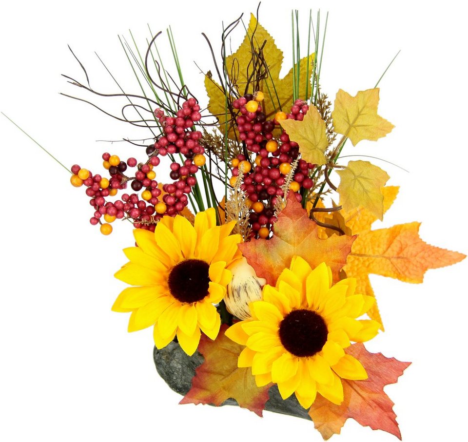 Kunstblume Gesteck aus Sonnenblumen auf Stein, I.GE.A., Höhe 28 cm,  Künstliche Blumen Herbstgesteck Deko Ornamente für Halloween