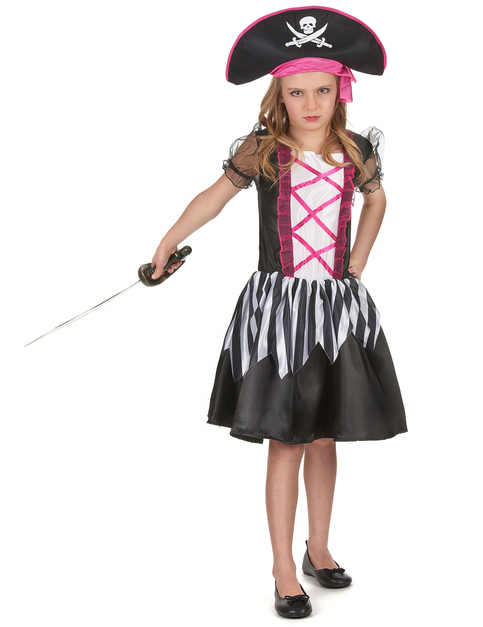 Kostüm Furchtlose Piratin Kinderkostüm pink-schwarz-weiss