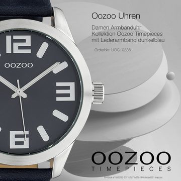 OOZOO Quarzuhr Oozoo Damen Armbanduhr dunkelblau, Damen, Herrenuhr rund, extra groß (ca 46mm) Lederarmband, Casual-Style