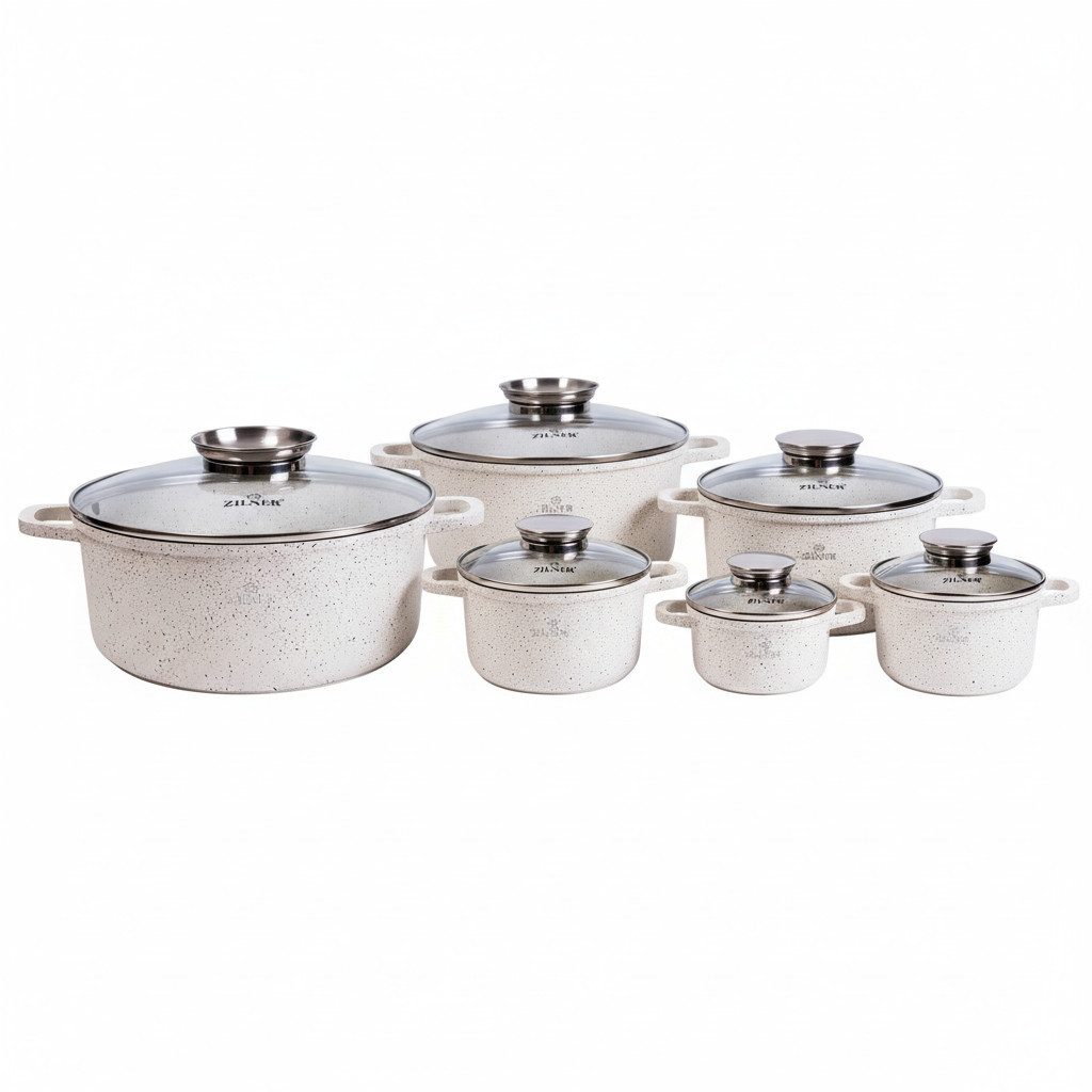 Zilner Topf-Set Set von sechs schönen grauen steinüberzogenen Töpfen, Aluminium, Keramik, Edelstahl, Aluminiumguss (Passt in jede Küche! 1.3L / 2.3L / 2.3L / 3.2L / 4.5L / 6.8L, 12-tlg., Es ist eine perfekte Geschenkidee für jeden Anlass), Innovative Arom