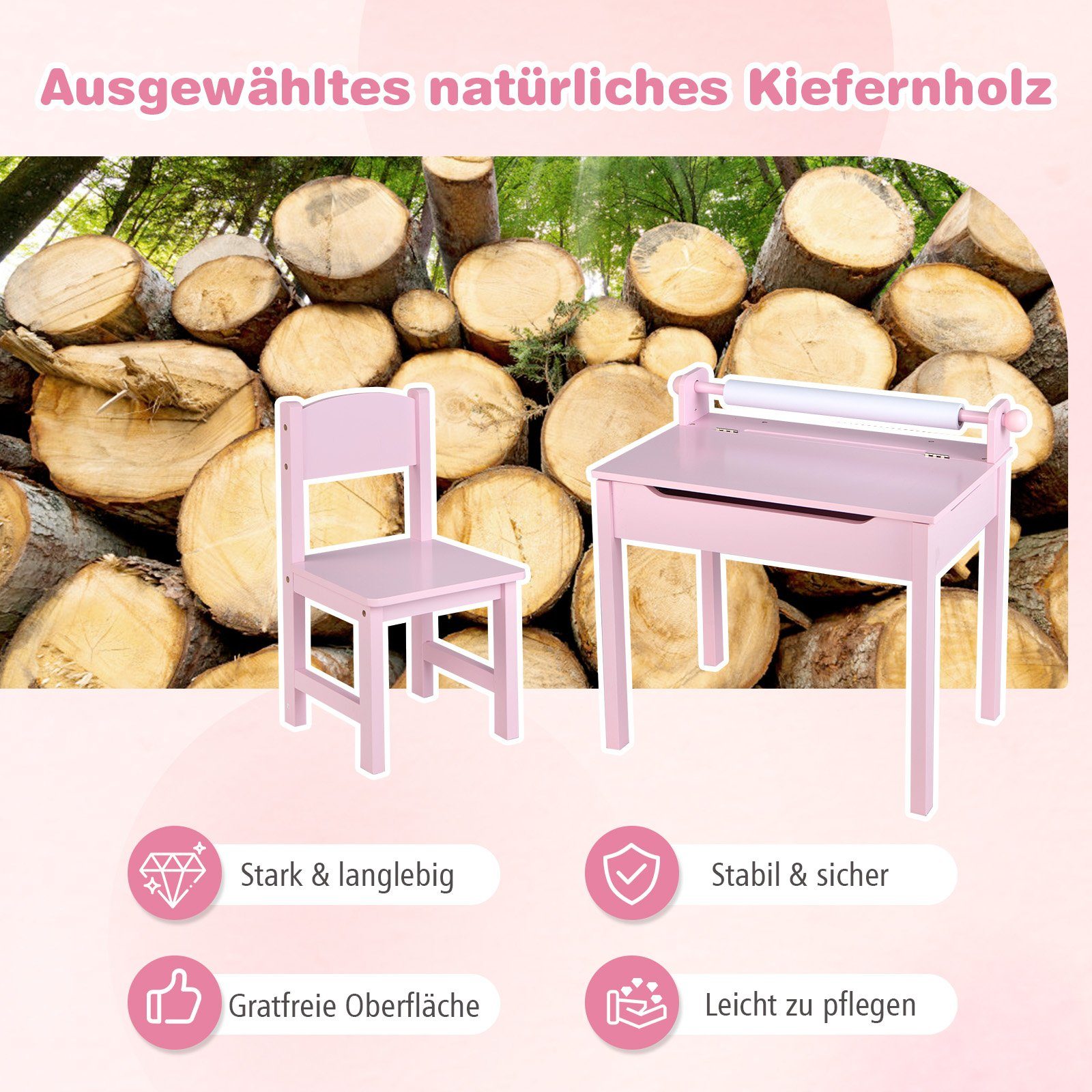 Stuhl Papierrollenhalter Kinderschreibtisch, COSTWAY & mit rosa