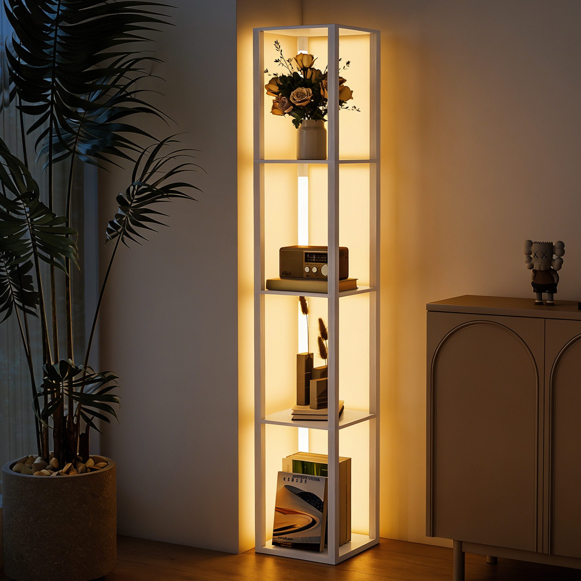 HOMCOM Stehlampe LED Stehleuchte mit Regalen, 3 Helligkeitsstufen, Fußschalter, Dimmfunktion, mehrere Helligkeitsstufen, LED fest integriert, Warmweiß, LED-Stehleuchte mit 4 Ablagen