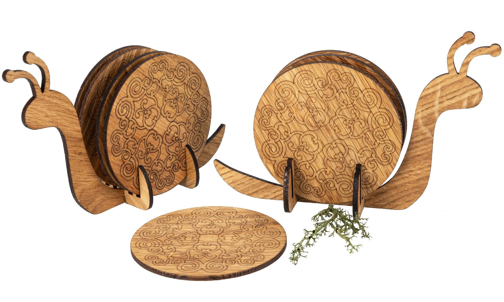 Holz Frank Glasuntersetzer Glas Untersetzer 6er Set aus Eiche geölt mit geometrischen Motiv, 7-tlg., Massivholz Eiche