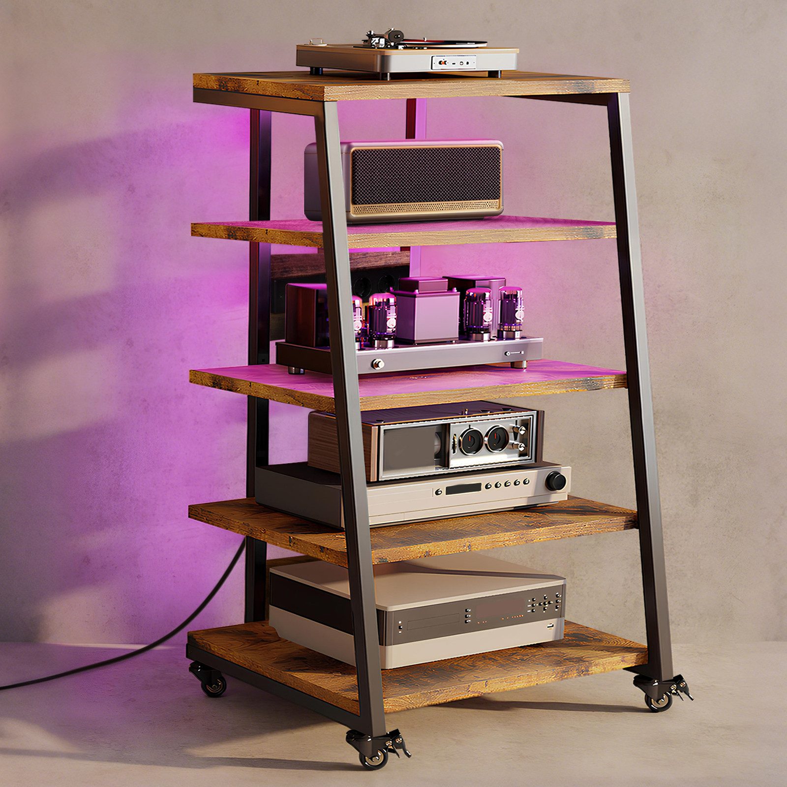 XIIW Media-Board TV-Regal HiFi-Rack mit RGB-LEDs & 4 Rollen TV Rack TV Ständer (5 Etagen, 60 x 52 x110 cm), Media-Regal mit 2 RGB-LEDs per App, Verstellbaren Ablagen, bis 140 kg
