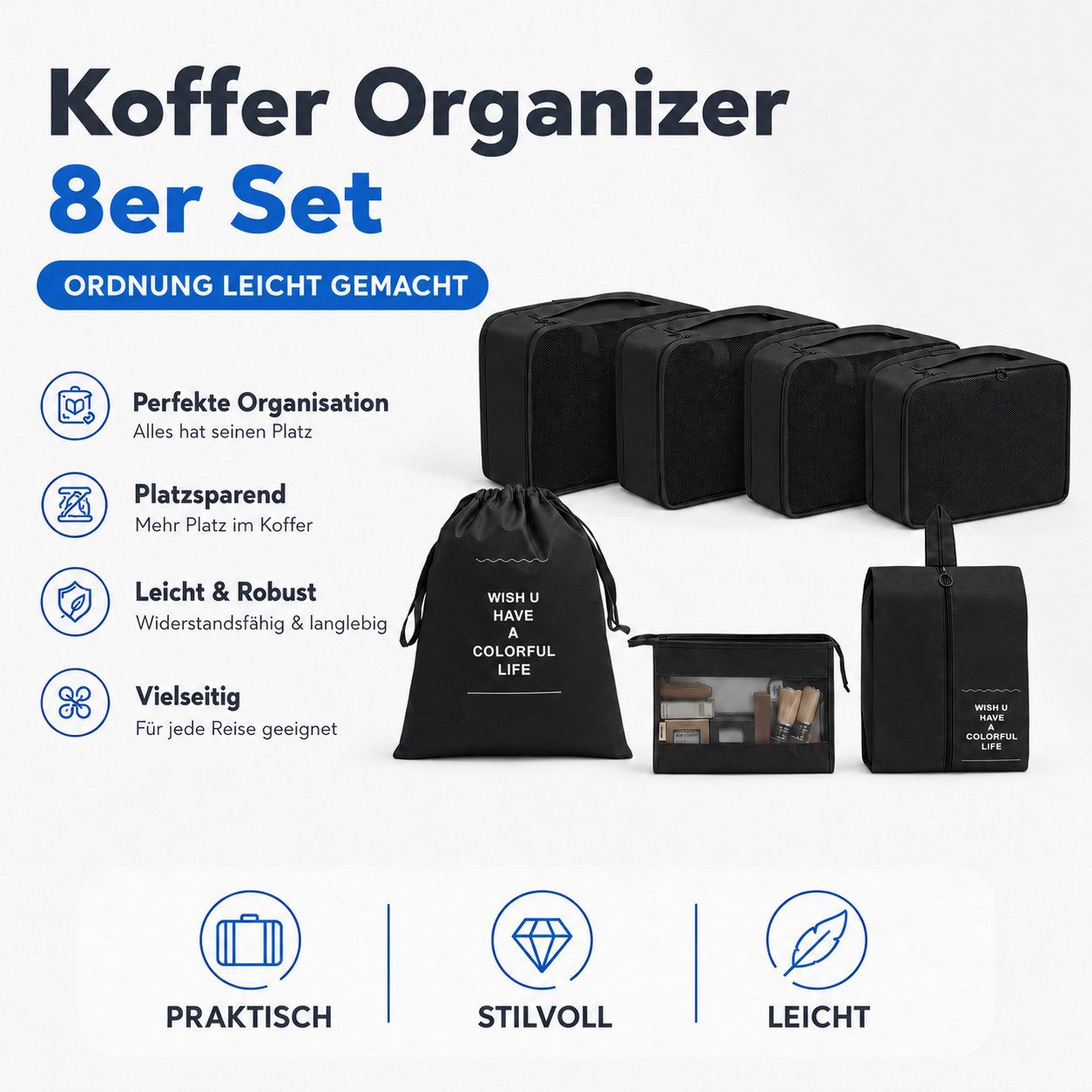 TK Gruppe Kofferorganizer Koffer Organizer 8er – Kofferorganizer Packtaschen Packwürfel Reisen (Set, 8er Set)