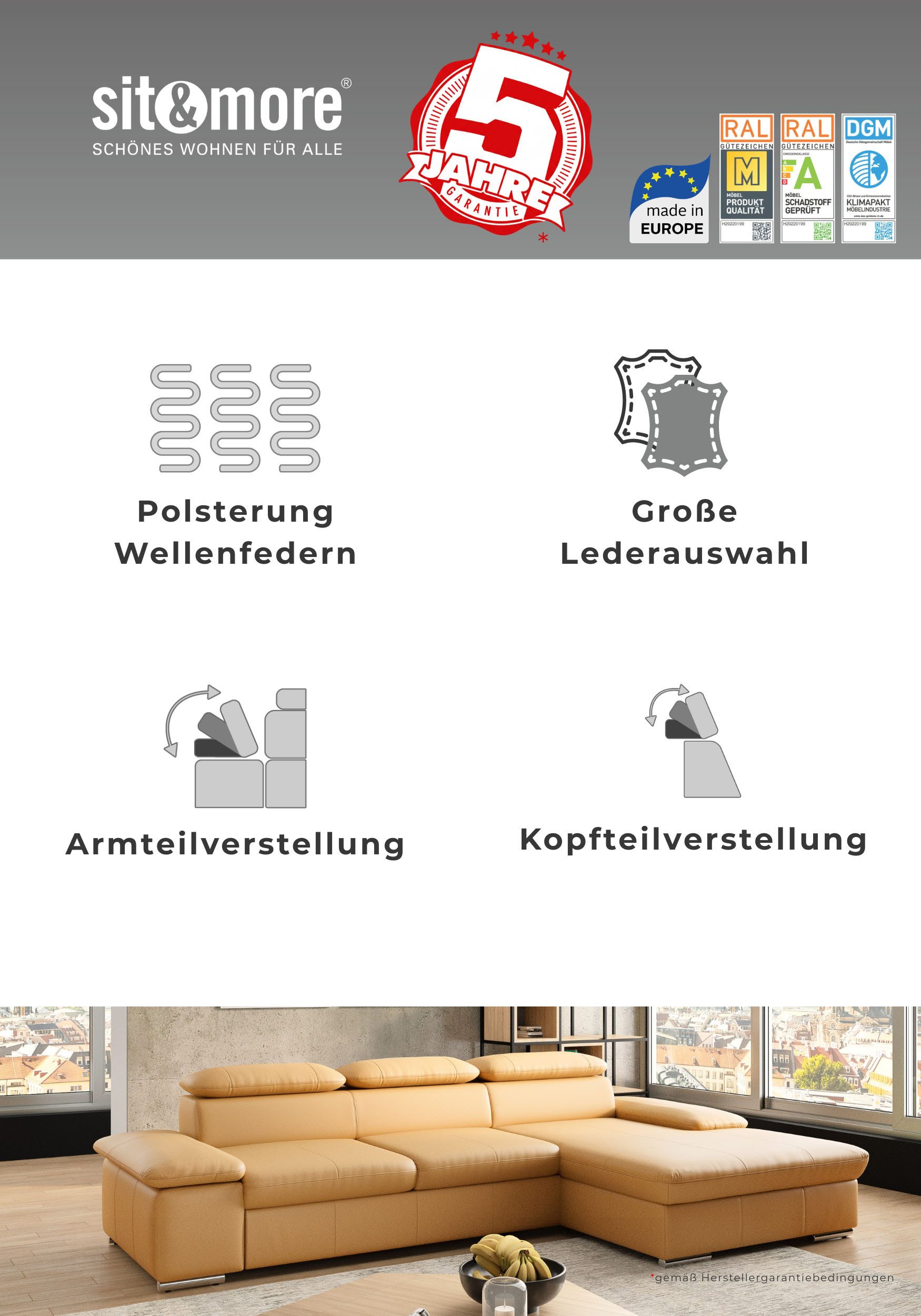 sit&more Wohnlandschaft Valantine U-Form, B: 349 cm, mit Arm- & Kopfteilverstellung, optional mit Schlaffunktion