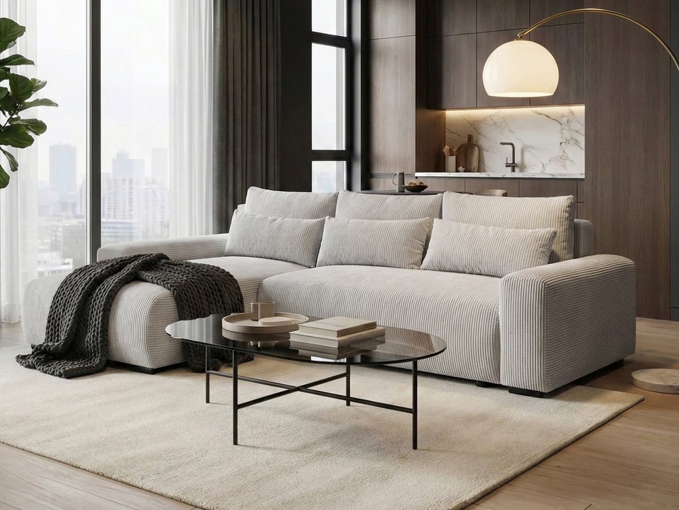 Beautysofa Ecksofa Benny mit Schlaffunktion und Bettkasten, modernes Cord-Sofa POSO in Beige, Liegefläche: 140 × 218 cm