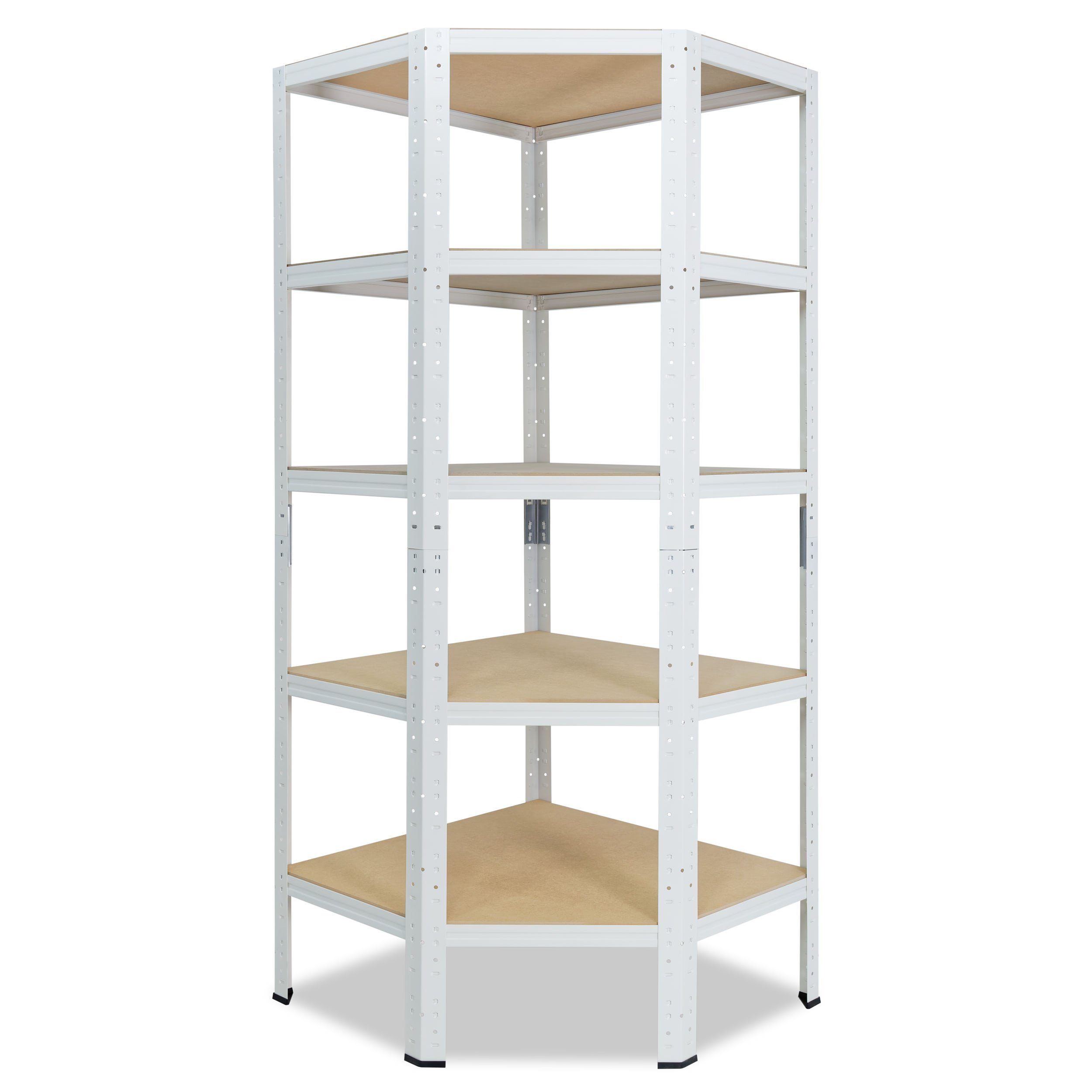 shelfplaza Eckregal HOME, 180x70x40cm weiß, Metall Eckregal stehend mit 5 Böden, Corner Shelf 265kg Tragkraft Schwerlastregal Ecke, Steckregal verzinkt Eckregal Keller Garagen Regal
