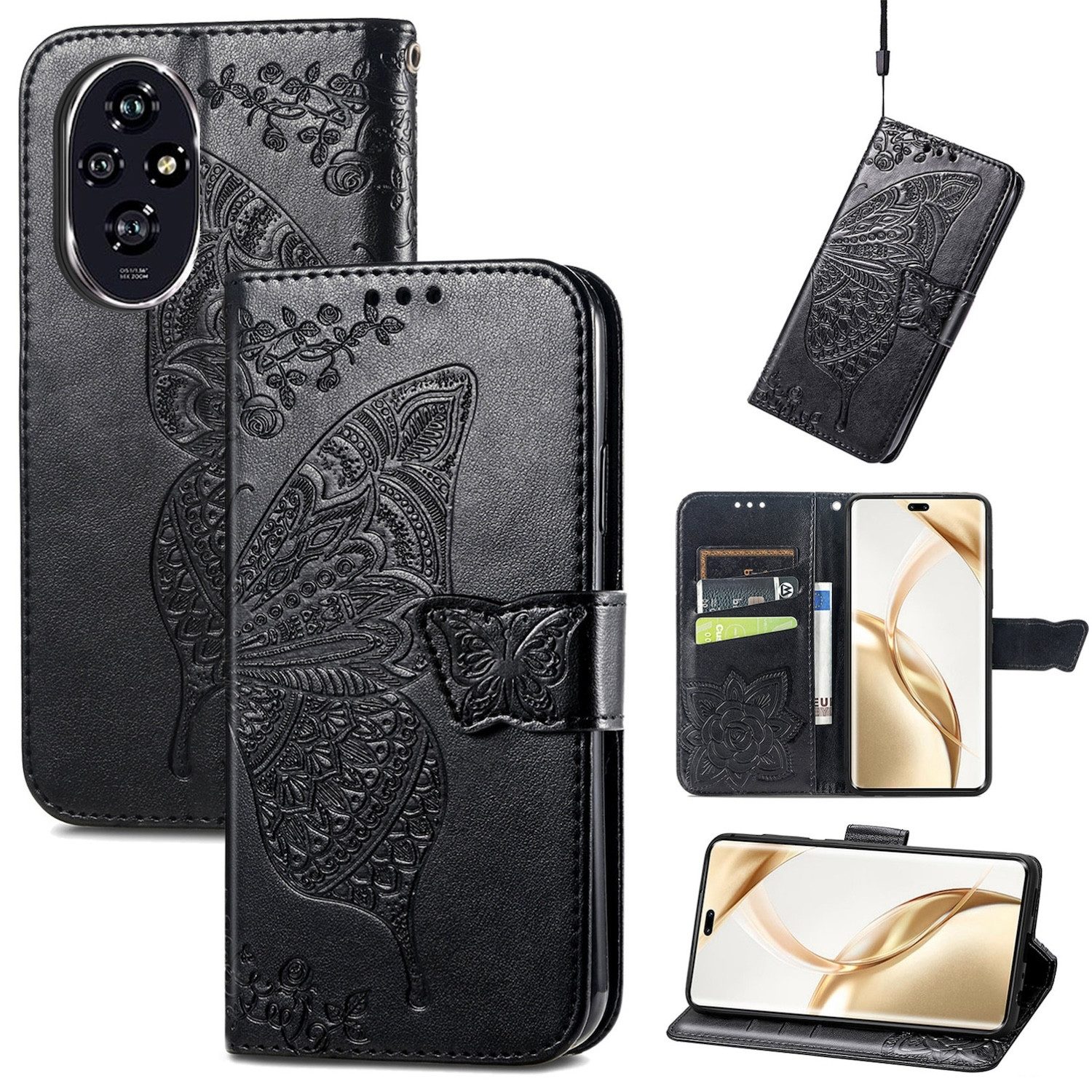 Wigento Smartphone-Hülle Für Honor 200 Pro Kunstleder Wallet Tasche Schmetterling Hülle Schwarz, Kunst-Leder Schutzhülle Smart Case Cover magnetischer Verschluss