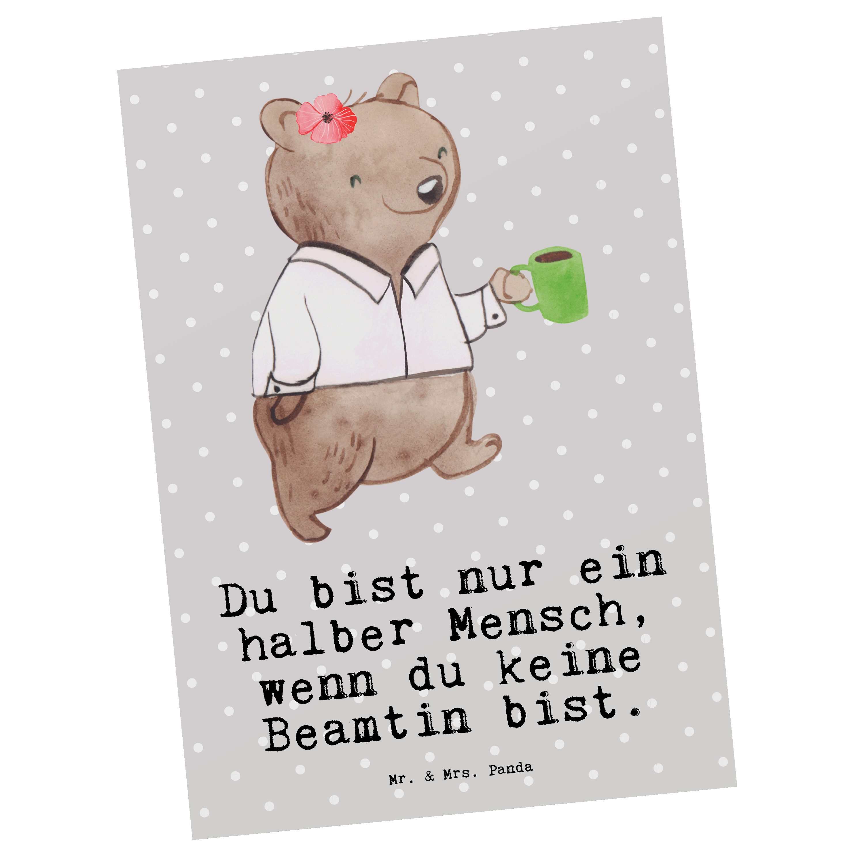 Mr. & Mrs. Panda Postkarte Beamtin mit Herz - Grau Pastell - Geschenk, Beamtentum, Geburtstagska