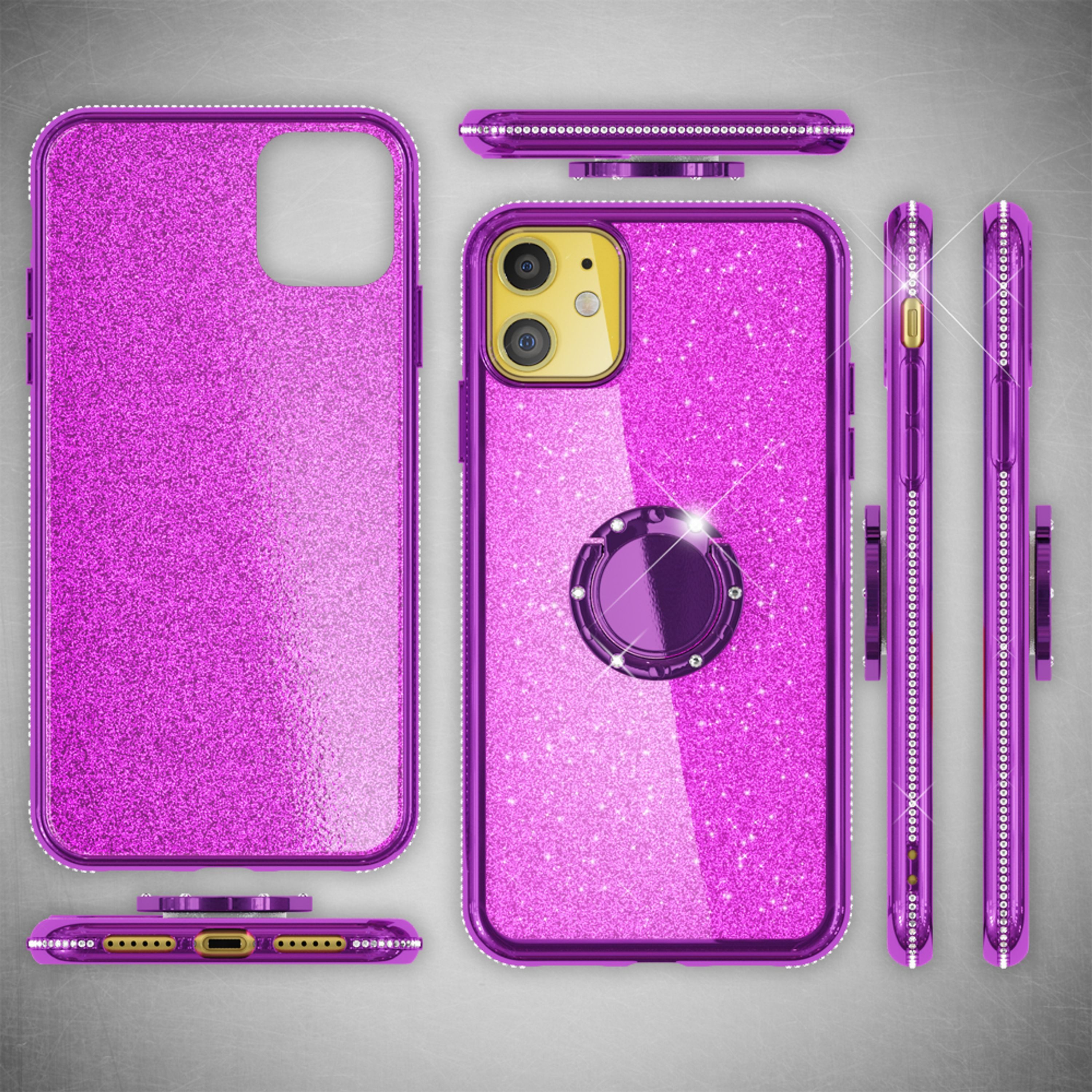 Nalia Smartphone-Hülle Apple iPhone 11 15,5 cm (6,1 Zoll), Glitzer Ring Silikon Hülle / 360 Grad Finger-Halter / Standfunktion