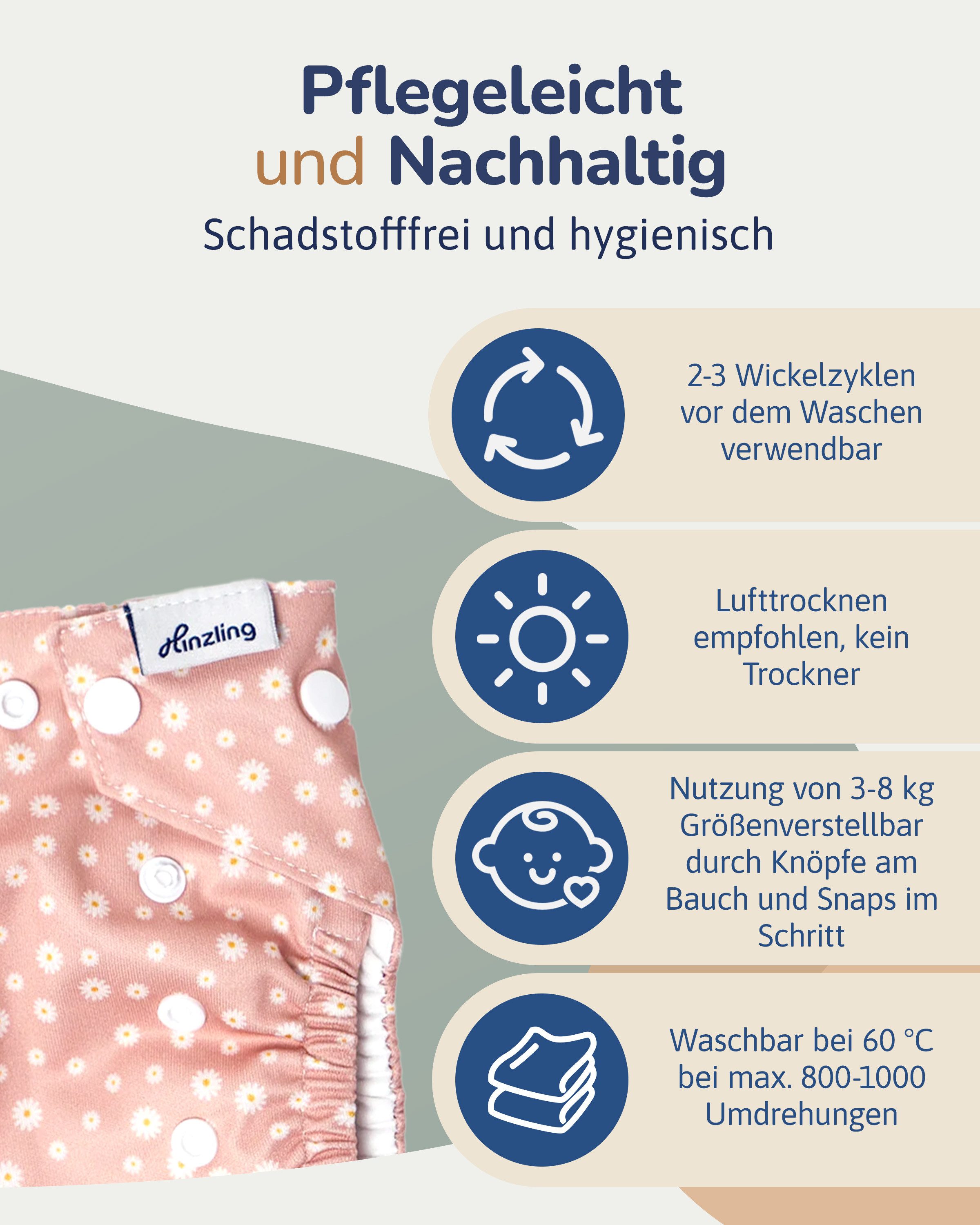 Hinzling Stoffwindeln Größenverstellbar & aus recyceltem Polyester – Weiche Passform
