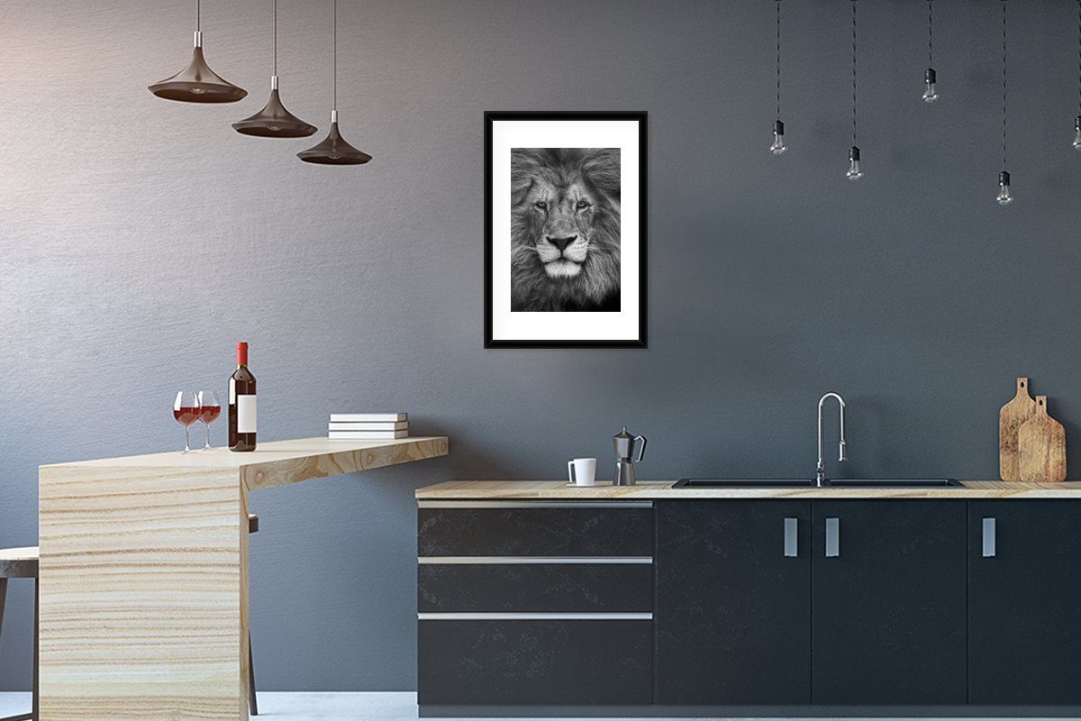MuchoWow Poster Persischer Löwe auf schwarzem Hintergrund, (1 St), mit Rahmen, Kunstdruck, Gerahmtes Poster, Schwarzem Bilderrahmen
