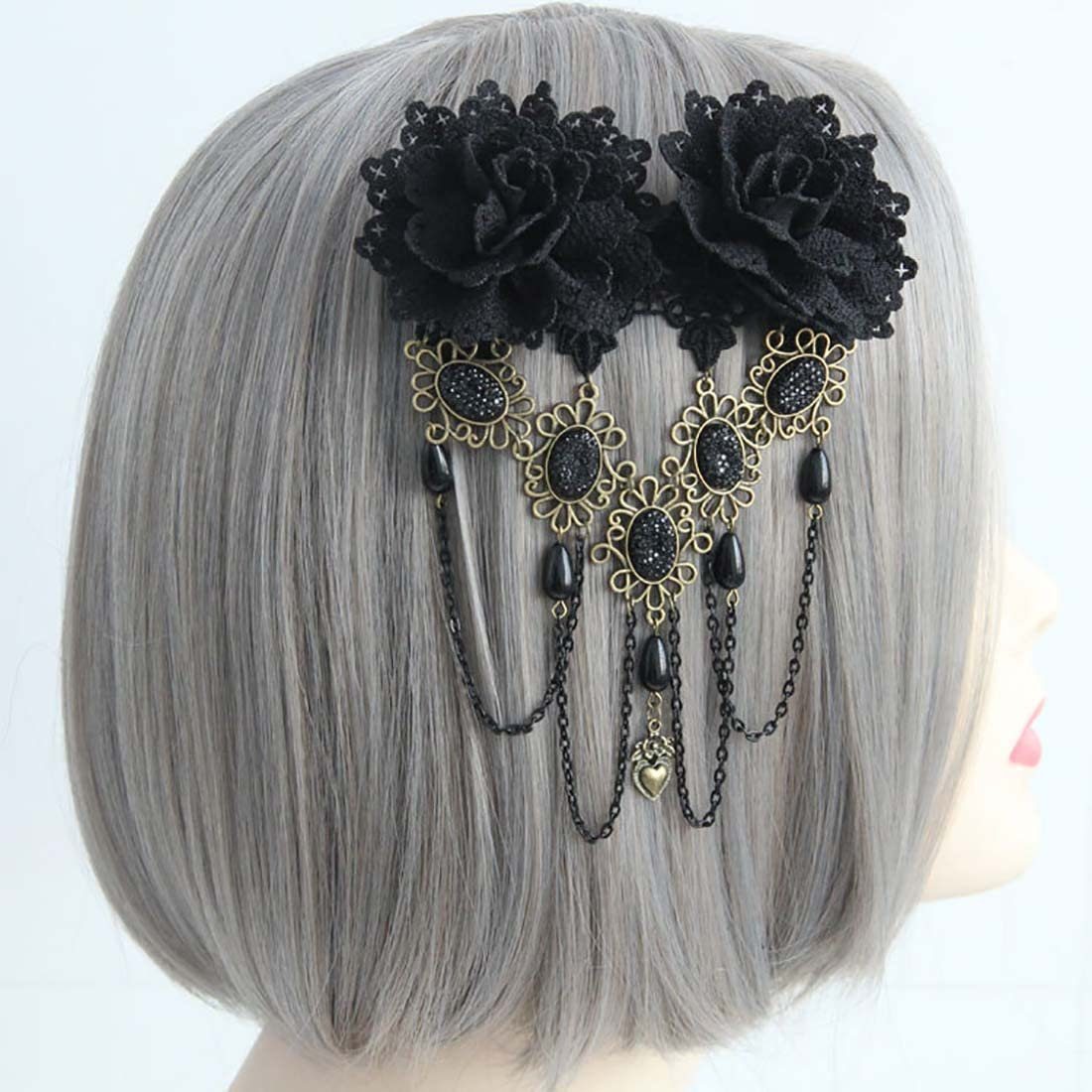 Blumen Diadem (1-tlg) Gothic-Perlen und Quasten-Kopfschmuck mit WaKuKa Vintage schwarzen