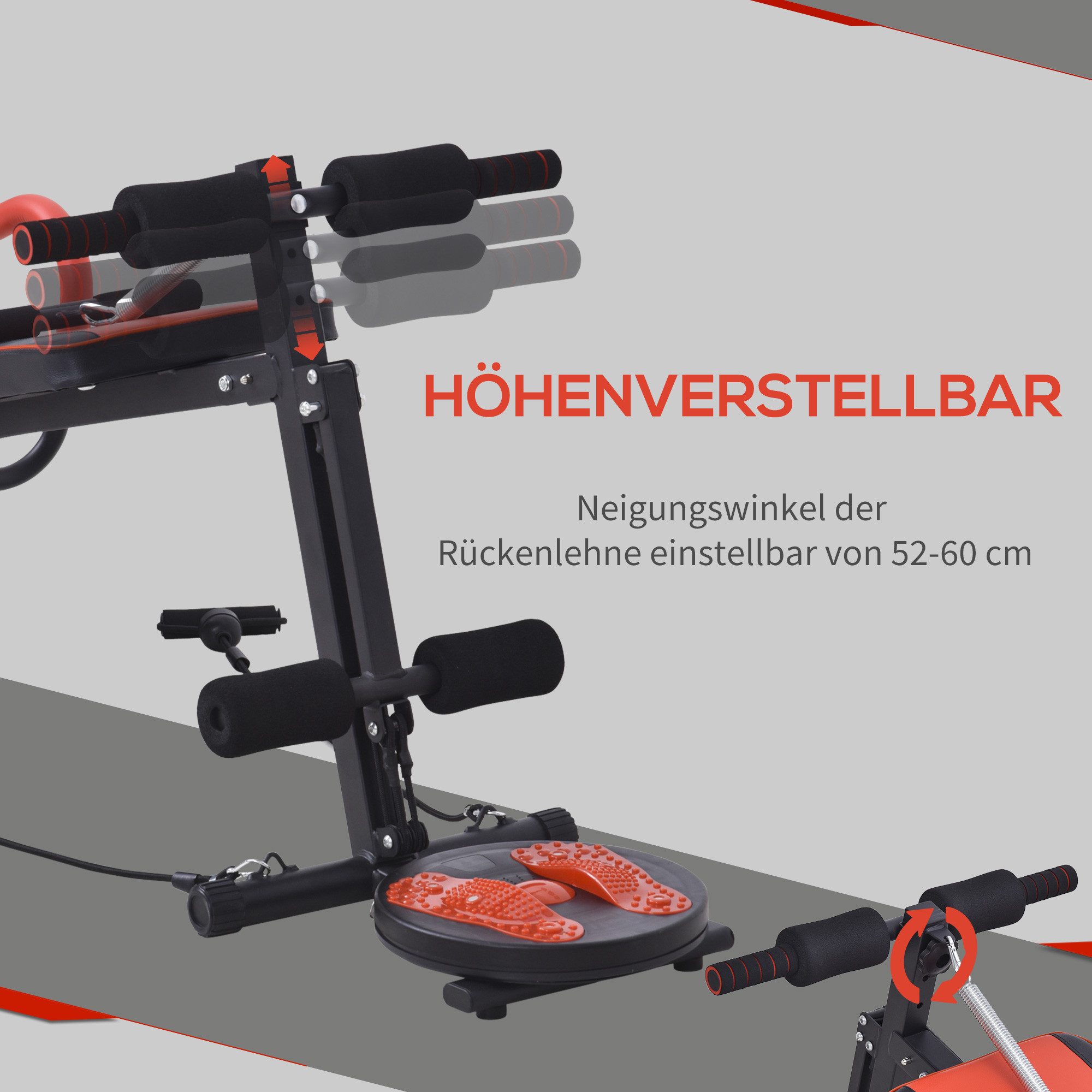 HOMCOM Bauchtrainer Sit Up Bank Bauchtrainer Verstellbar Gepolstert (Trainingsbank, 1-St., Fitnessbank), mit Widerstand 120 kg Belastbarkeit Rot+Schwarz 166 x 53 x 60 cm