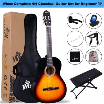 Winzz Konzertgitarre 4/4 Anfänger Set, Klassische Gitarre Kit mit Nylonsaiten, Eleganter Konzertgitarre und sieben Zubehörteilen für Musikliebhaber