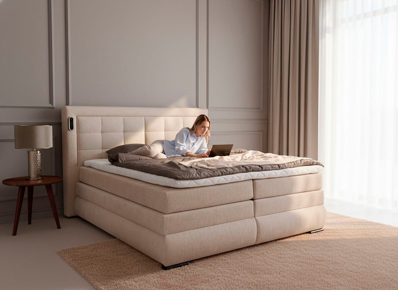 OTTO home Boxspringbett MIVVA mit Bettkasten, mit Taschenfederkernmatratze H3, H3/H4 mix, H4 (mit hochwertigem Strukturstoff, wahlweise mit LED-Leuchten), mit K – Bild 3 von 5