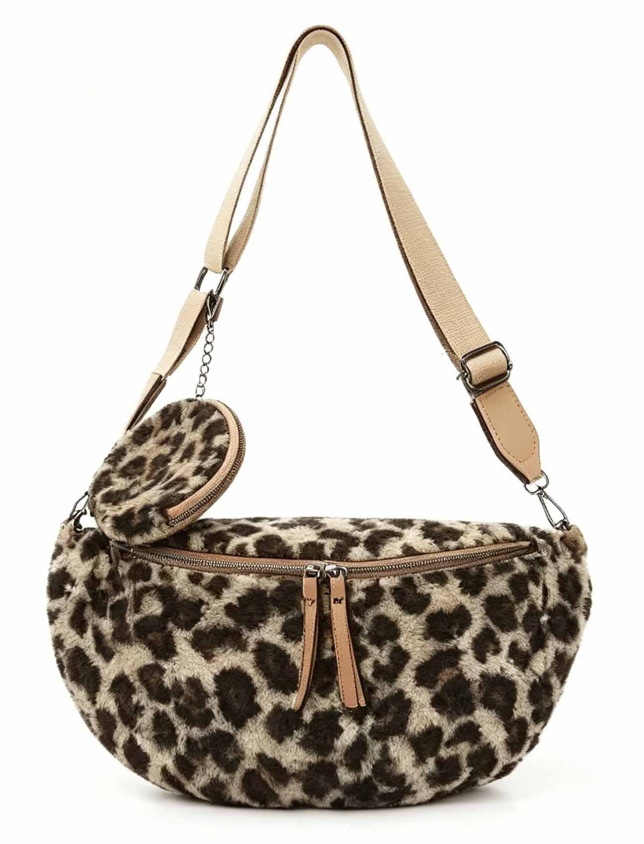 ITALYSHOP24 Bauchtasche Damen LEOPARDEN-PRINT Tasche Teddyfell Plüsch Hüfttasche LEO Crossbag, PELZTASCHE Schultertasche CrossBody Teddytasche Plüsch Felltasche