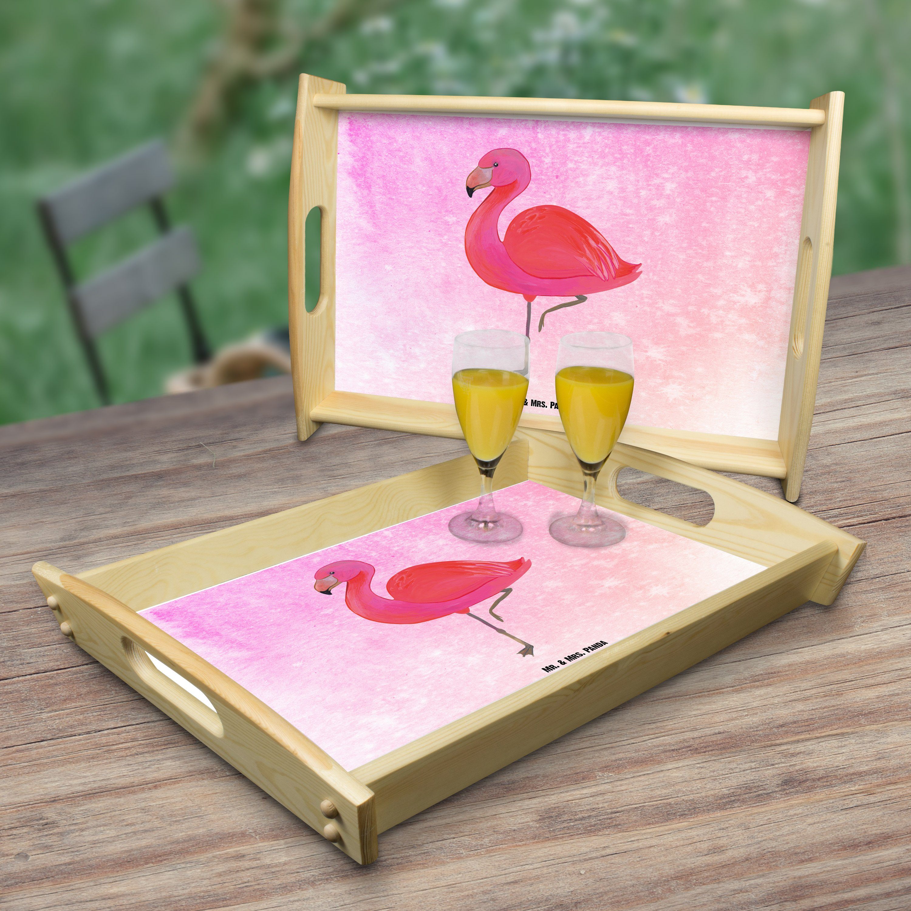 - & lasiert, Panda Pink classic Tablett K, - Aquarell Flamingo (1-tlg) Geschenk, Freundin, Mrs. Dekotablett, Mr. Echtholz