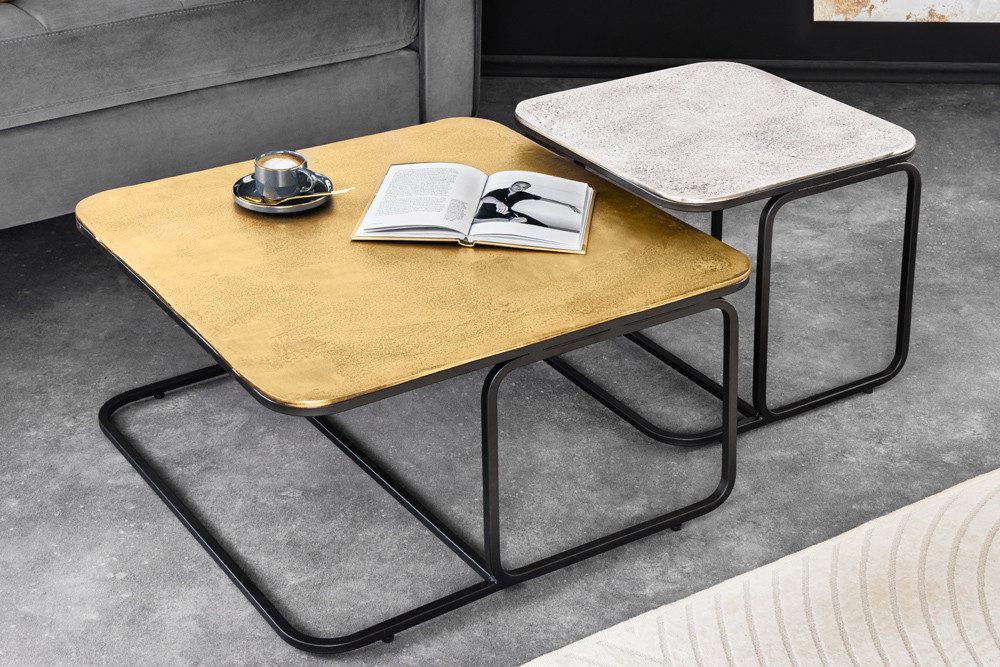 riess-ambiente Couchtisch ABSTRACT 60cm gold / silber / schwarz · handmade, Metall, quadratisch (Set, 2-St), 2 Beistelltische - ideal für glamouröse Schlaf-, Arbeits- & Wohnzimmer