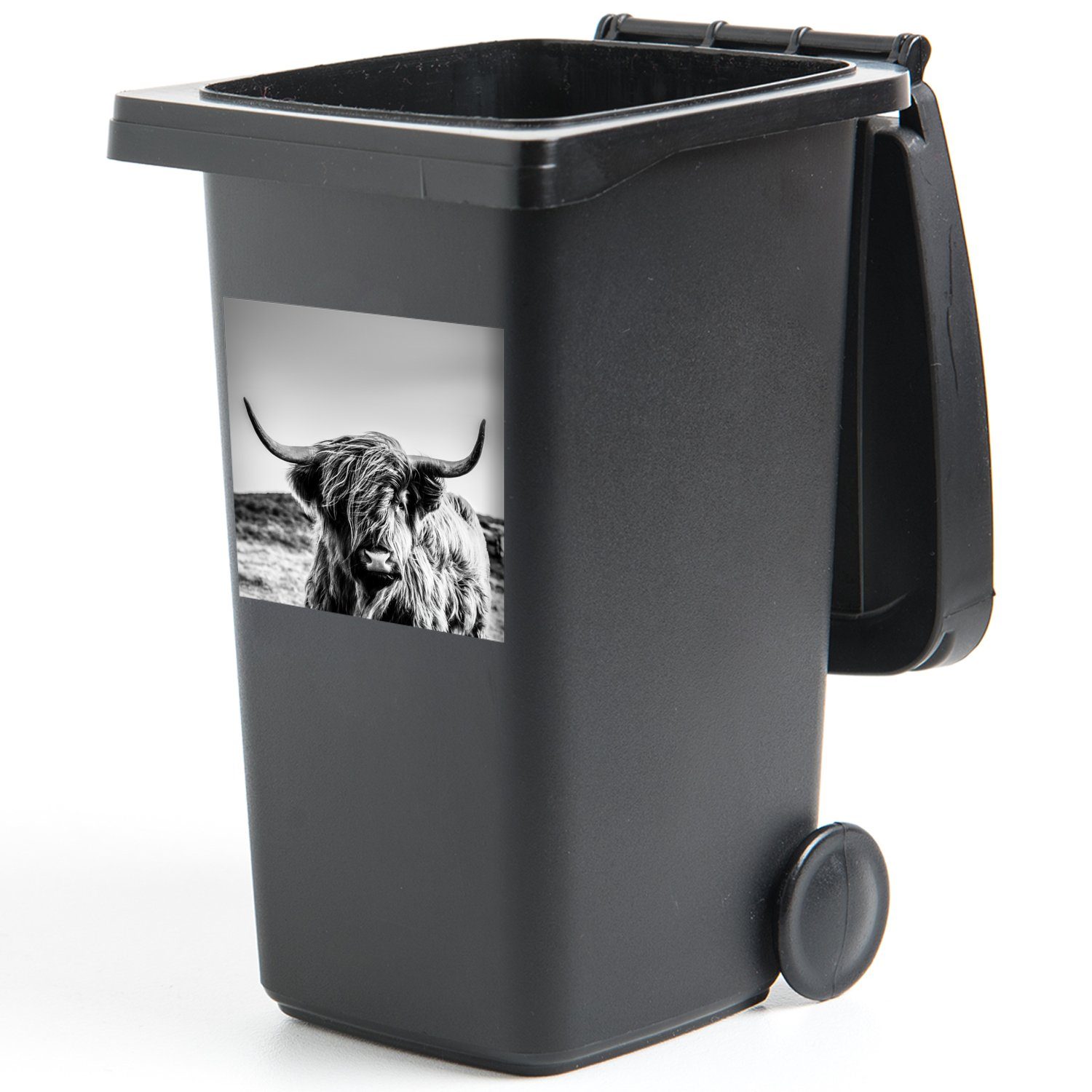 MuchoWow Wandsticker Kuh Mülltonne, (1 - - Natur Schwarz - Hochländer Mülleimer-aufkleber, Sticker, Abfalbehälter Container, Tier - Weiß Schottischer - - St)