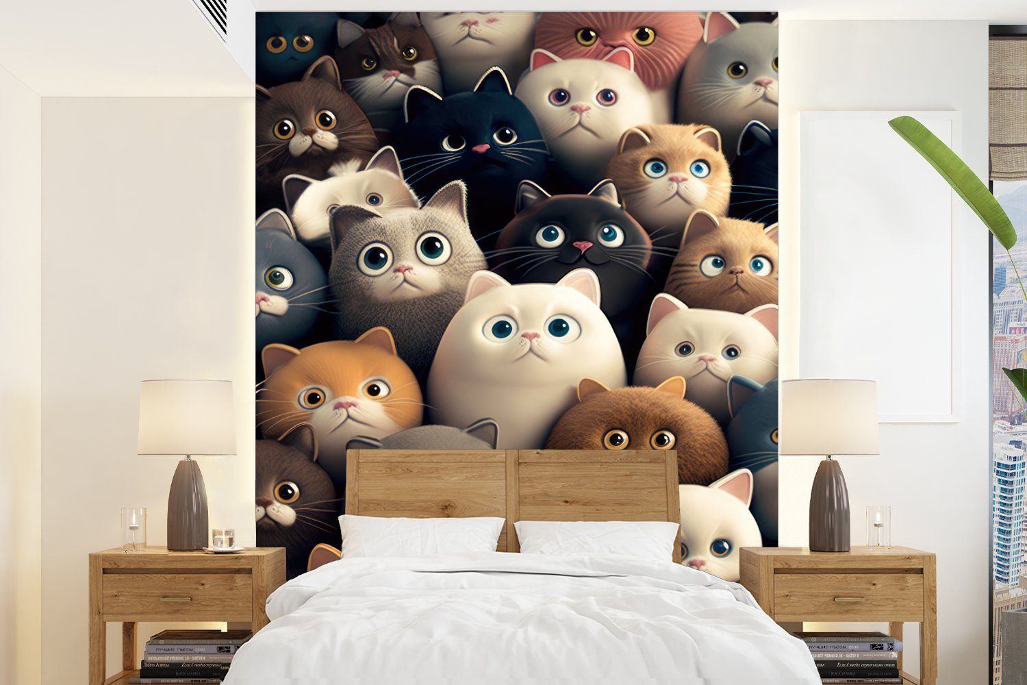 MuchoWow Fototapete Katzen - Tiere - Katze - Design - Mädchen - Jungen, Matt, bedruckt, (4 St), Montagefertig Vinyl Tapete für Wohnzimmer, Wandtapete