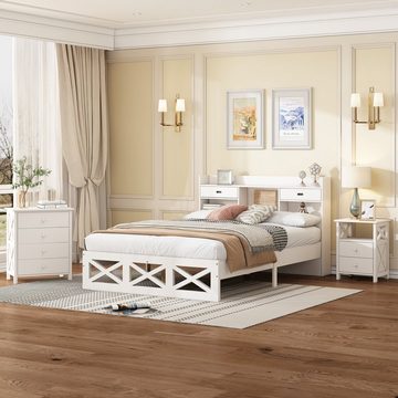 HAUSS SPLOE Schlafzimmer-Set, (3-St., 140x200 cm Holzbett, Nachttisch, Kommode), Nachttisch mit 2 Schubladen und einem Fach, mit X-Muster, Weiß