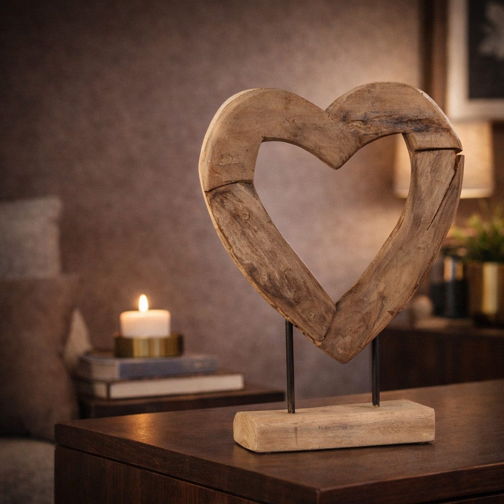 formano Skulptur Herz Holz Skulptur aus massivem Teakholz 40 cm auf Standfuß