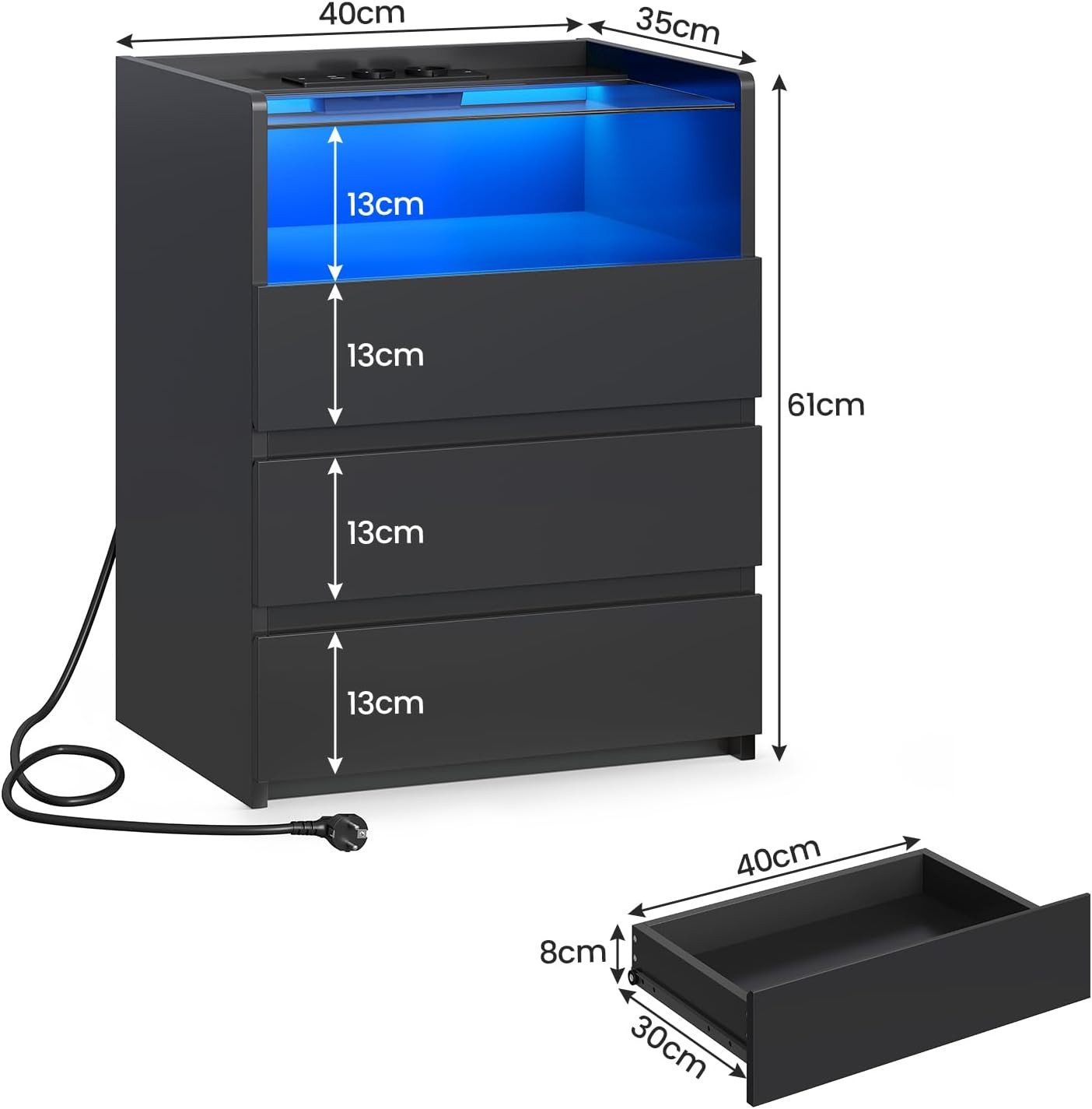 MSMASK Nachttisch mit LED-Beleuchtung und Steckdosen, 3 Schubladen, 45x35x61cm (2-St), Nachtschrank mit Sichtbarer Glastischplatte – Bild 2 von 5
