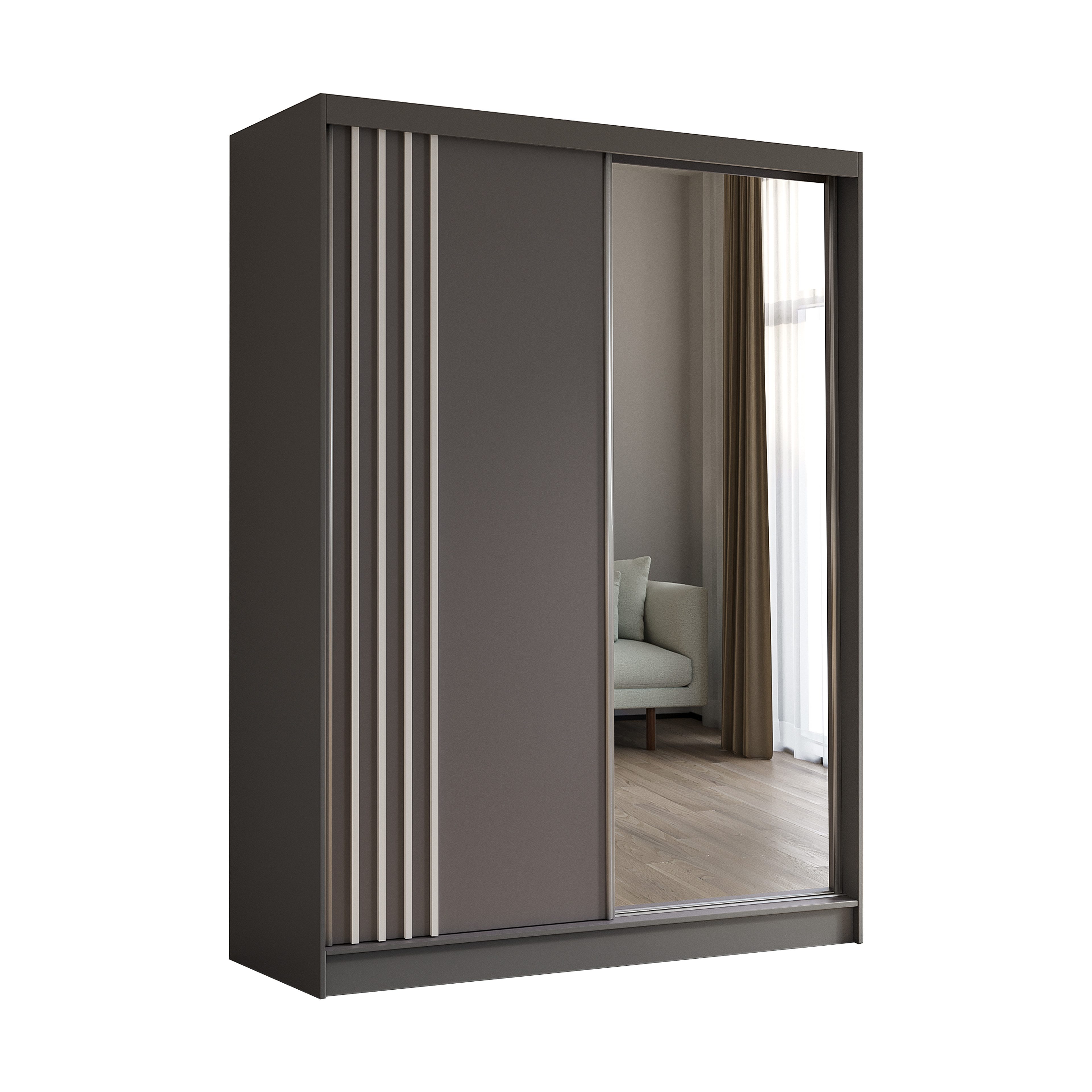 ALTDECOR Schiebetürenschrank NALLA (Kleiderschrank Garderobenschrank mit viel Stauraum, Moderner Schrank) Spiegel Spiegeltüren Lamellen Schwebetürenschrank LED Beleuchtung