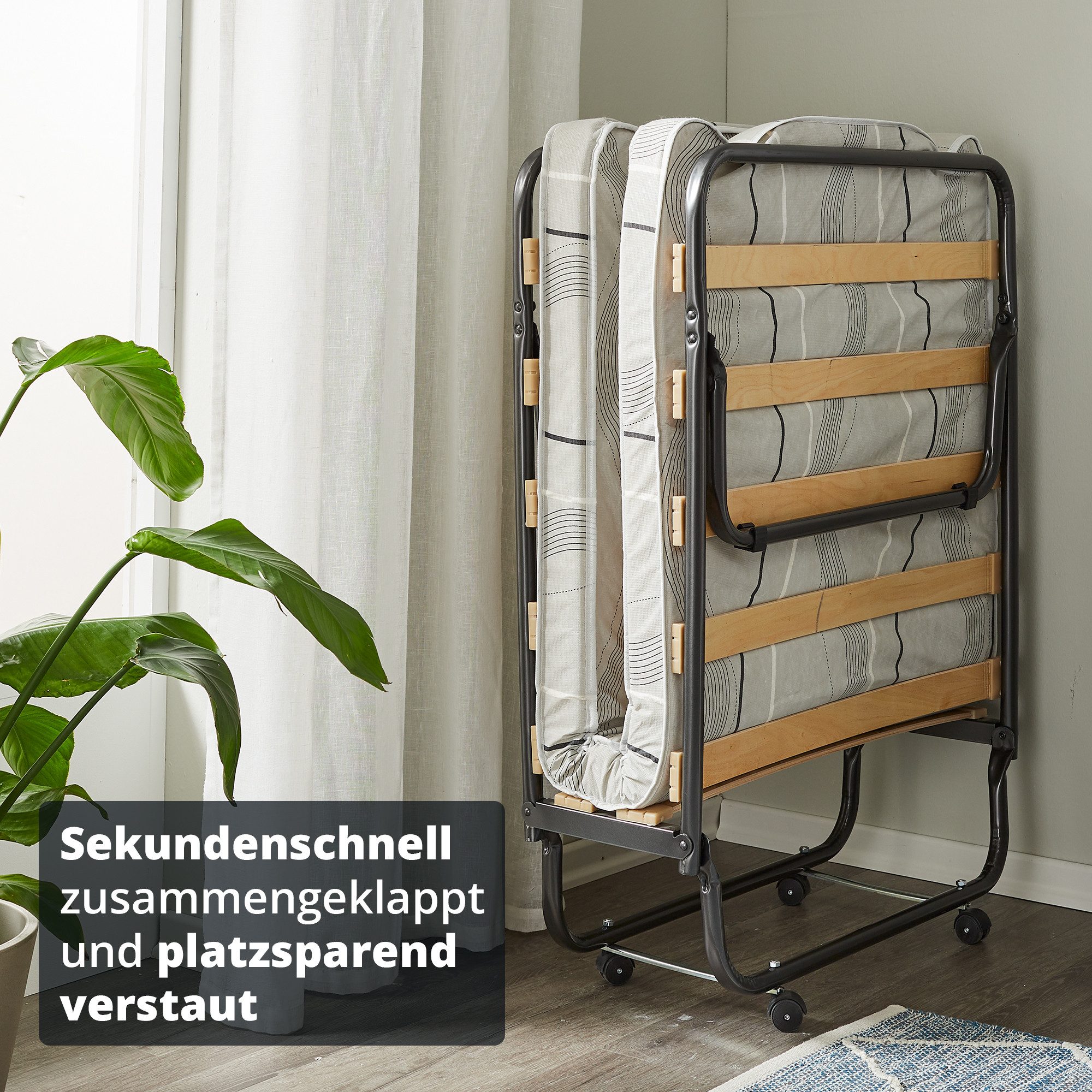 KHG Gästebett klappbares Metallbett stabil auf Rollen für Erwachsene & Kinder (leicht zu tragen und verstauen bis 90kg belastbar, 1-St) Klappbar auf Rollen inkl. Matratze