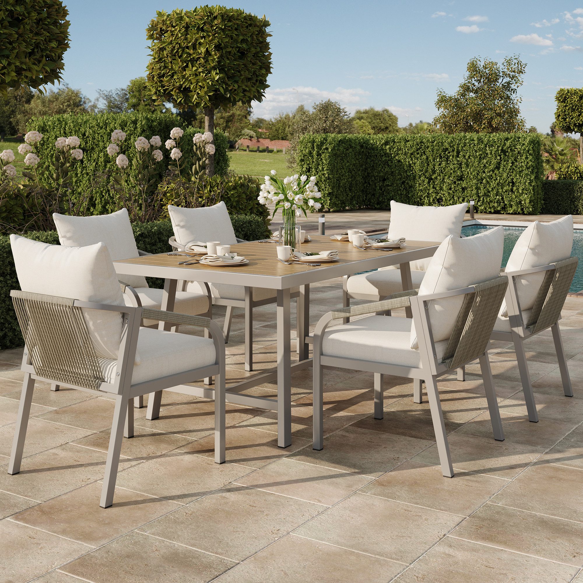 Flieks Garten-Essgruppe, (7-tlg), 6-Sitzer Essgruppe Gartenmöbel mit geflochtenem Seildesign