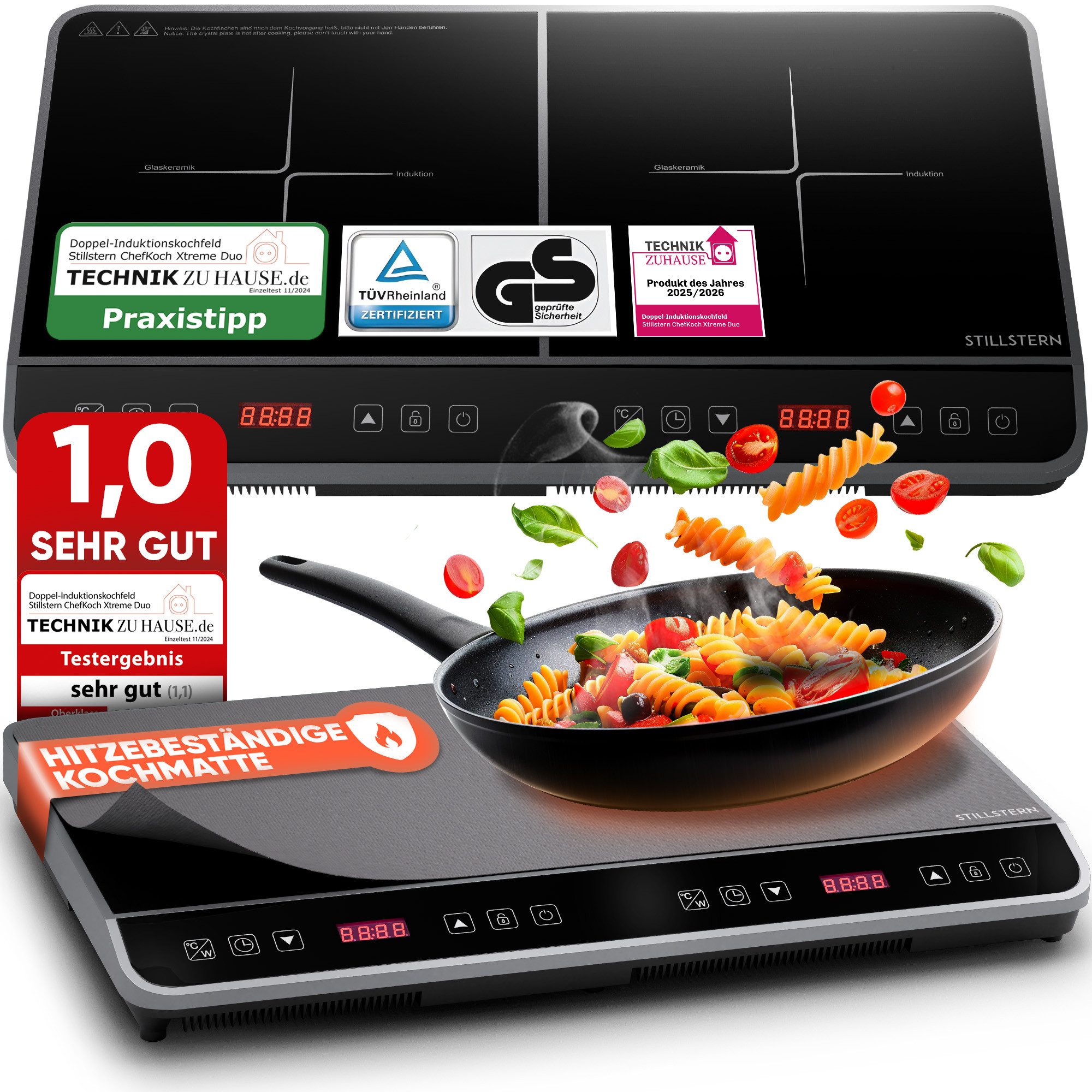Stillstern Doppel-Induktionskochplatte Doppel-Induktionskochfeld, Schnelles Aufkochen + Temperatureinstellung, 3600W, 24h. Timer, Lautlos-Funktion, Glaskeramik