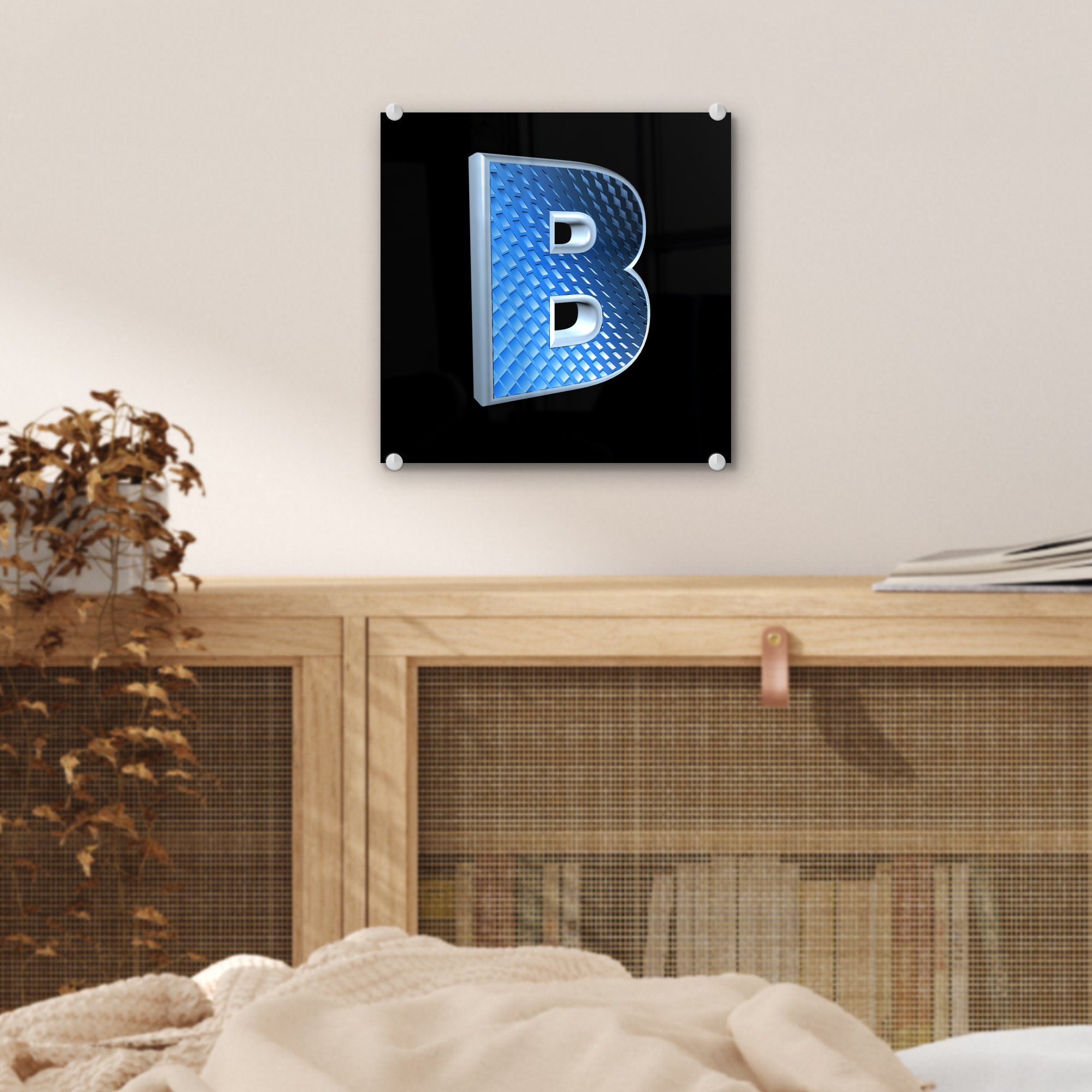 MuchoWow Acrylglasbild Großbuchstabe B in - auf Bilder - auf Hintergrund, Wanddekoration - Blau auf (1 Glas schwarzem Wandbild Glasbilder St), Foto Glas