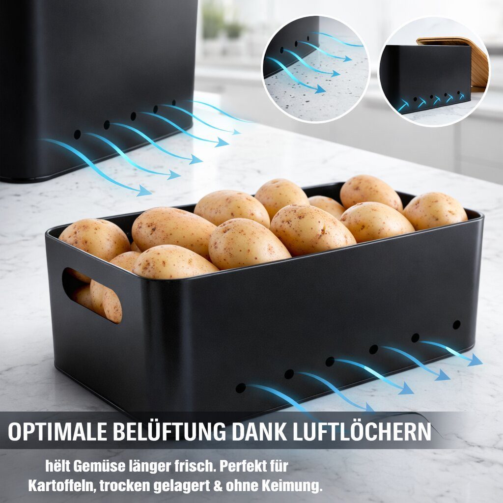 BigDean Aufbewahrungsdose 3er Set aus Metall – für Kartoffeln, Zwiebeln & Knoblauch (Set, 3 St., 3er), Integrierte Belüftungslöcher, seitliche Tragegriffe