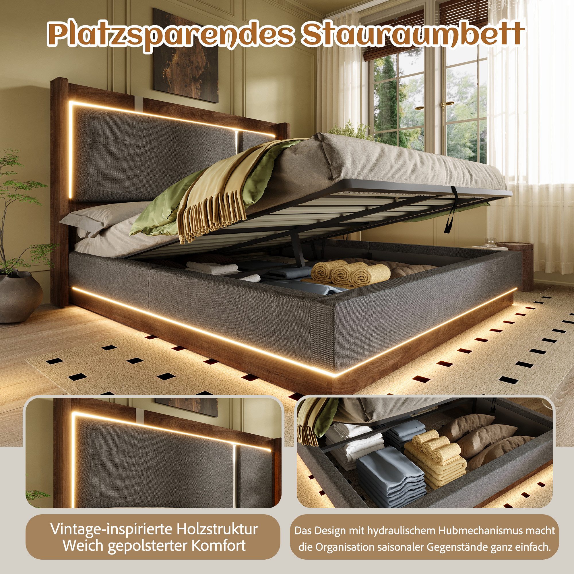 MODFU Polsterbett mit Retro-Look & App-gesteuerter LED (Packung, Grau, Leinen, 90x200 cm), Hydraulik-Bettkasten, ohne Matratze
