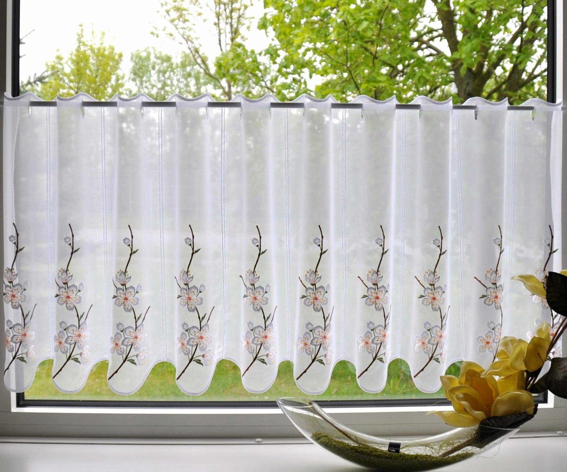 Stickereien Plauen Scheibengardine Kirschblüte, Stangendurchzug (1 günstig online kaufen
